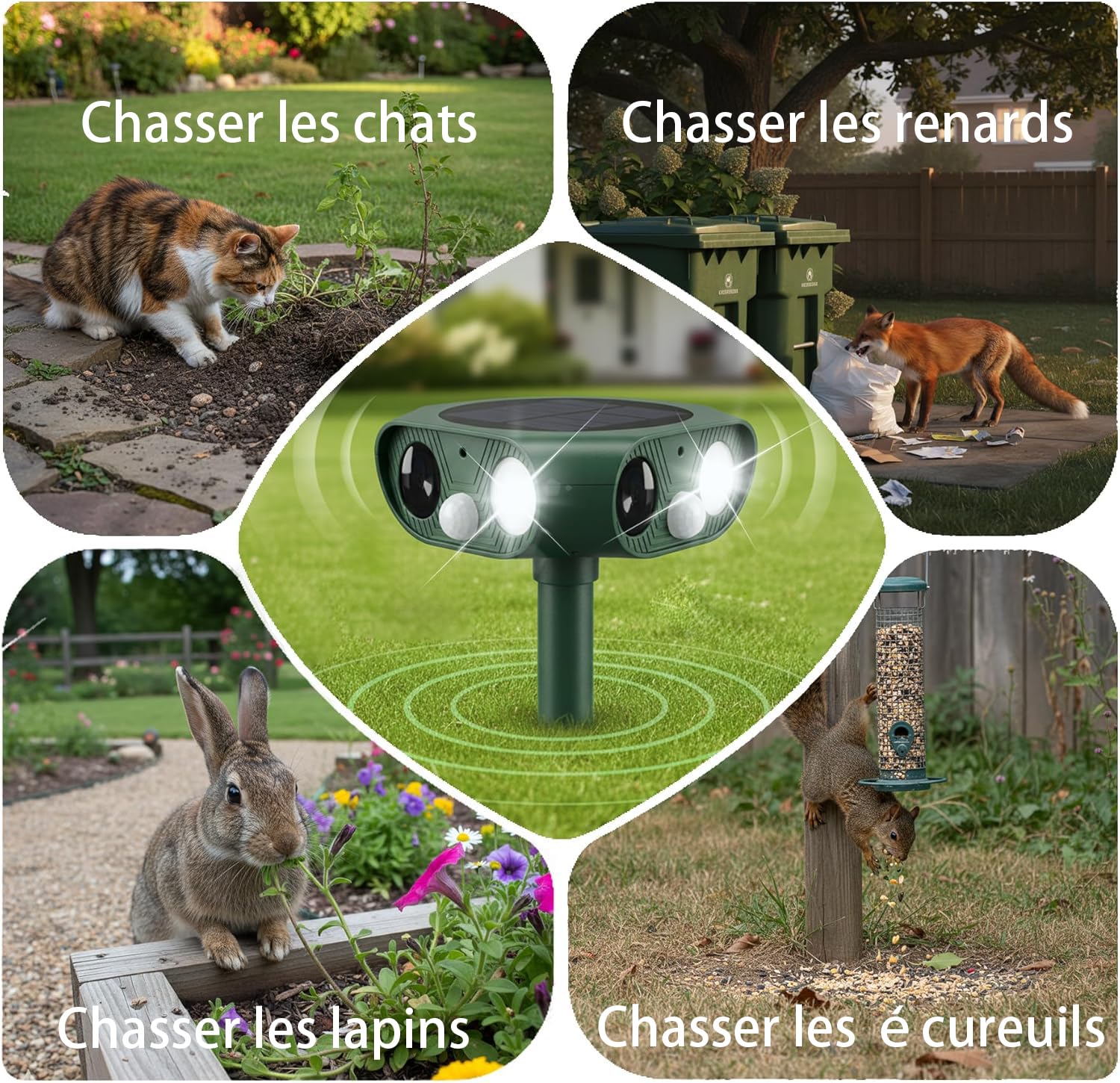 Répulsif Chat Extérieur Solaire 360° Repulsif Chat Ultrason, Recharge USB | Repulsif Chat Ultrason, Répulsif Chat Solaire avec 3 Flash LED, 3 Détecteur PIR, IP65 Imperméable, 2000 mAh, sur 0-26 mètres