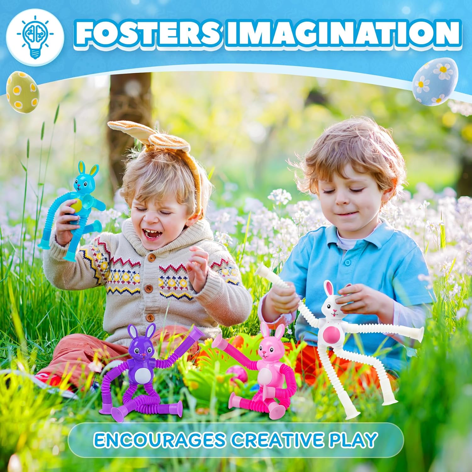 4 Pcs Easter Bunny Pop Tube Sensory Toys,Easter Basket Stuffer for Toddler Kids Boy Girls,Bunny fidgets Suction ADHD Autism Toy,Fidget Toys Autistic Travel Toys