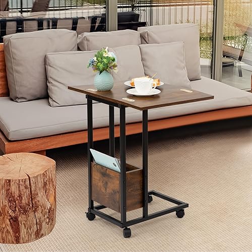 Miniatura 9 de Hadulcet Extremo de mesa C, bandeja de TV, mesas de sofá para laptop que se deslizan por debajo, lado en forma de C con ruedas, plegable, cena