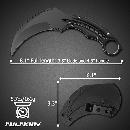 Miniatura 3 de AULAKNIV Cuchillo de garra Raptor de borde dentado de 8.1 pulgadas, cuchillo táctico de hoja fija de espiga completa con funda y clip Kydex,