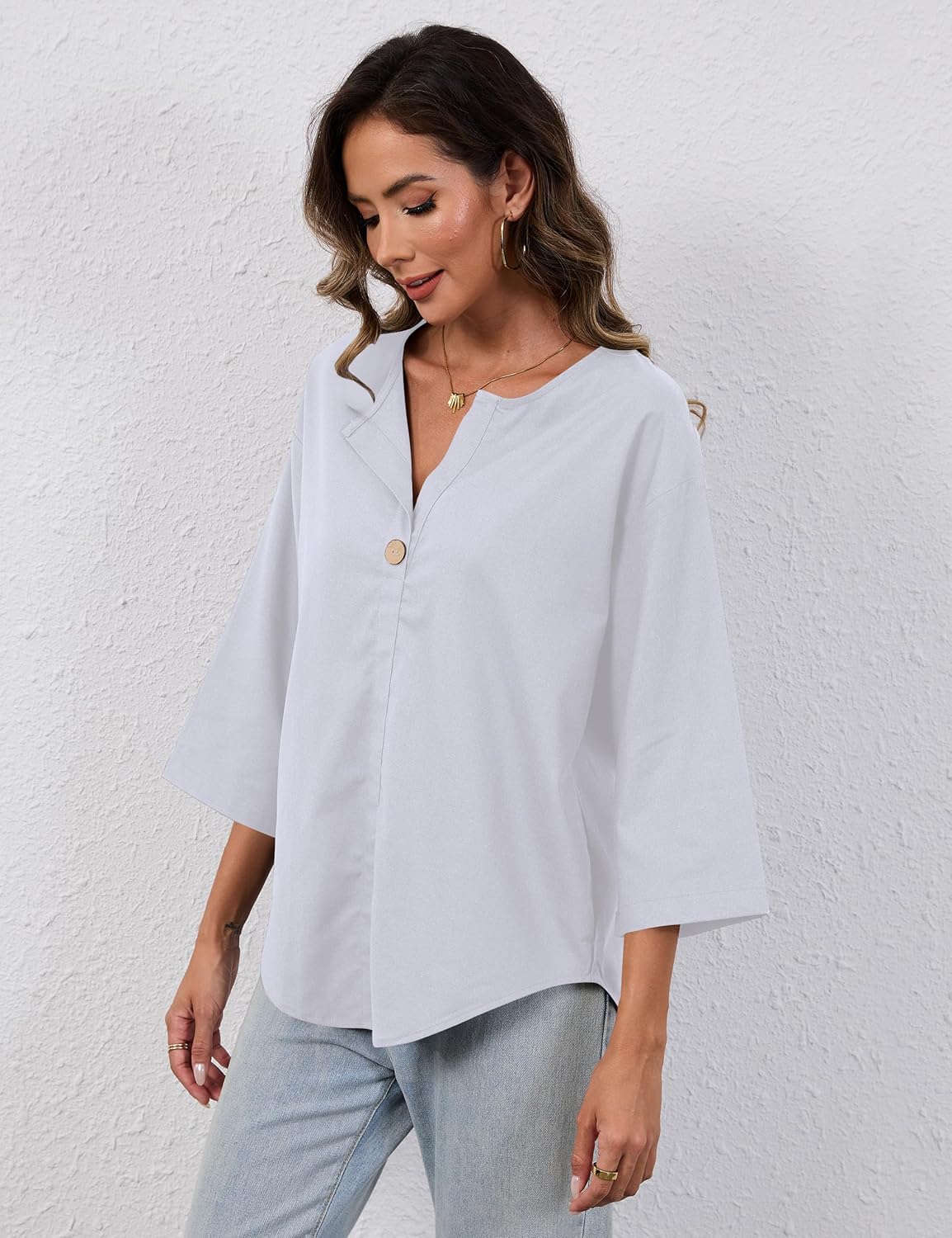 Summer Linen Shirts for Women Button Down V Neck 3/4 Sleeve T-Shirt Blouse Casual Loose Basic Solid Tunic Tops 2025 - Image 6