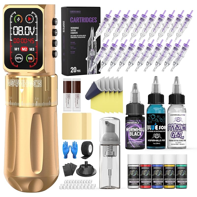 Wormhole Tattoo Kit para Tatuagem com Máquina Rotativa sem Fio WTK0236, Bateria de 2300 mAh, Tela Inteligente, 7 Cursos Ajustáveis e Acessórios
