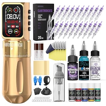 Wormhole 2300mAh Battery Wireless Tattoo Gun Kit with Smart Screen, Professional 7 Adjustable Stroke Rotary Tattoo Machine, Aluminum Alloy Machine Tattoo Pen Stand, Full Accessories for Artist WTK0236