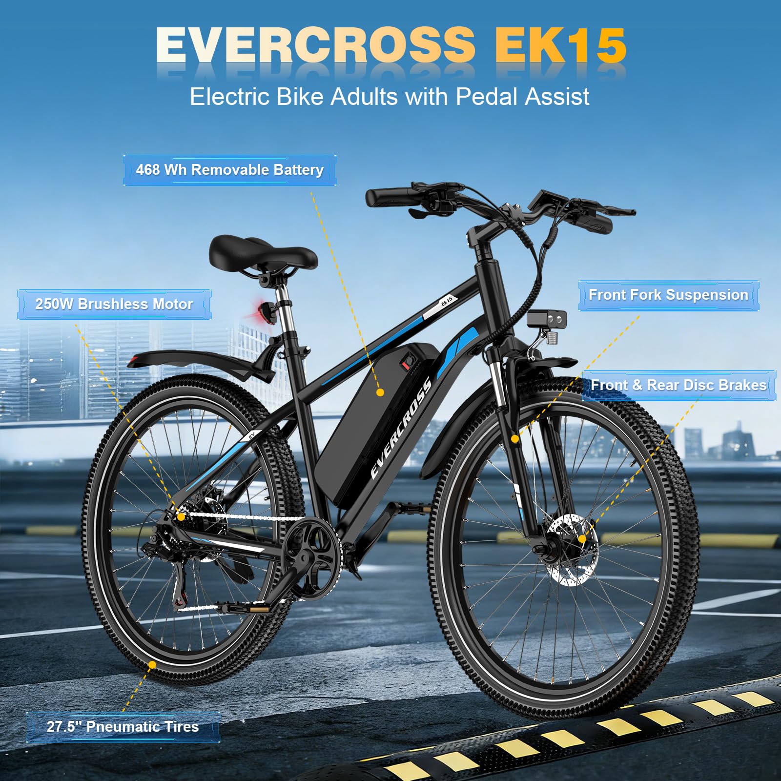EVERCROSS EK15 E-Bike für Erwachsene, 27,5'' Elektrofahrräder - App, 250W Motor, 36V 13Ah Akku, 15/20/25 KM/H, 7 Gang Getriebe, urbanes Elektrofahrrad Mountainbike für Unisex