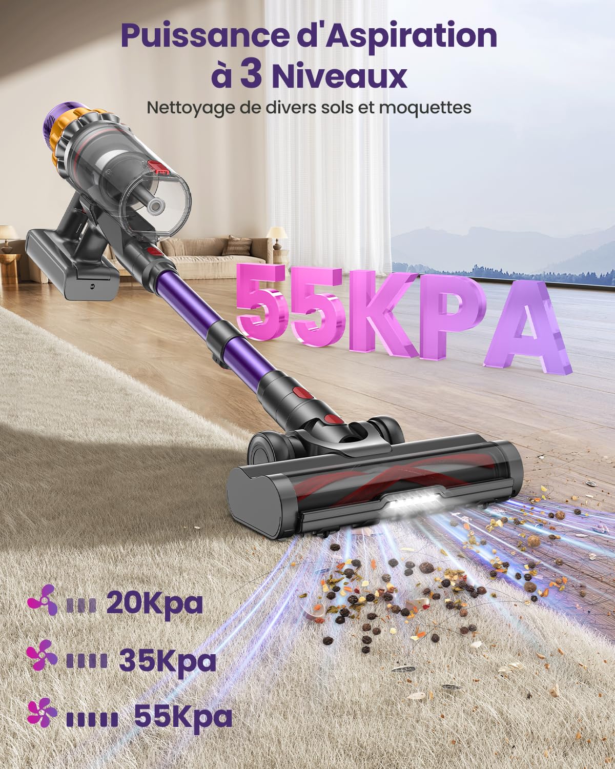 Aspirateur Balai Sans Fil avec 2 Batteries, 150Min/55KPA/600W/2.0L Aspirateur Sans Fil Puissant, Brosse Anti-Enchevêtrement/Support Mural Rechargeable/Écran LED, pour Poils d'Animaux/Tapis/Sols Durs