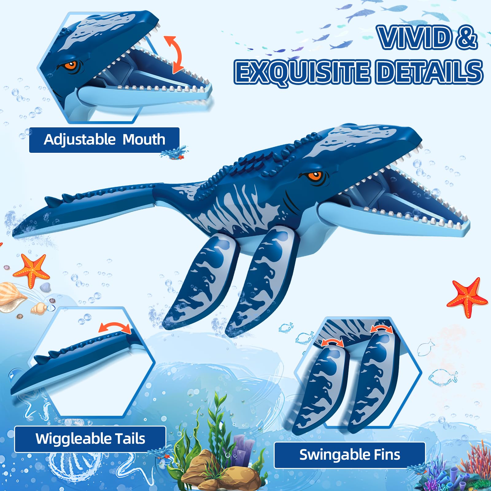 Zabawka budowlana 3 w 1, ocean, dinozaury, kompatybilna z dinozaurami, parkiem światem, łodzią i Mosasaurusem, spinozaurem, dinozaurem, zabawka dla dzieci w wieku 6-12 lat, prezent urodzinowy dla