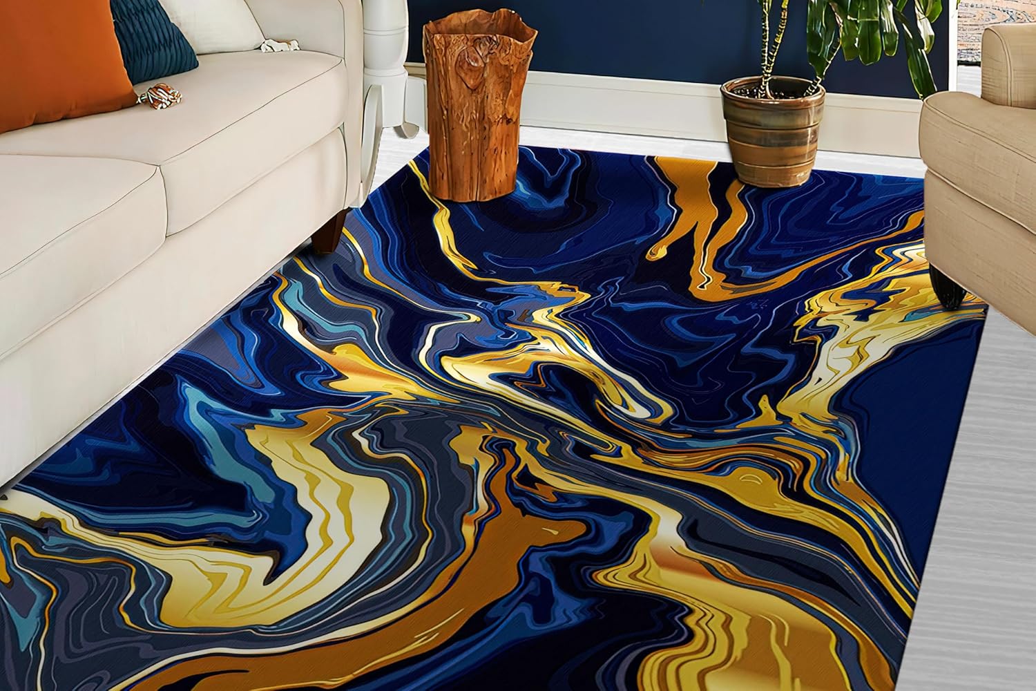Abstract Dark Blue Gold Marble Area Rug 2'x 3'Personalizeds Rugs Carpet for Living Bedroom Dinning Room Decor
