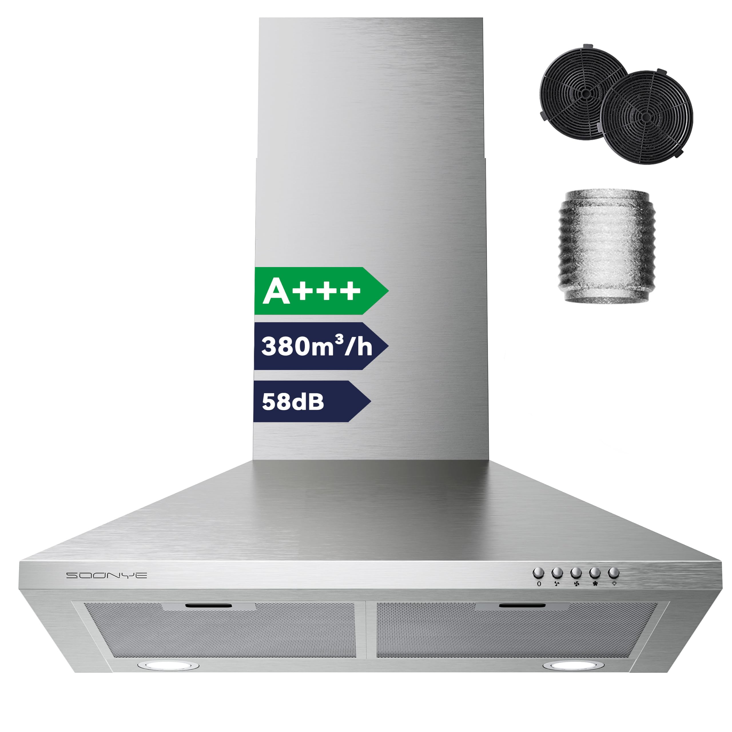 A+++ Dunstabzugshaube 60cm Umluft 380 m³/h, Pyramide Wandmontage Wandhaube mit Aktivkohlefilter, 3 Leistungsstufen,2 LED-Beleuchtung,Abluft Abzugshaube,Edelstahl Silber