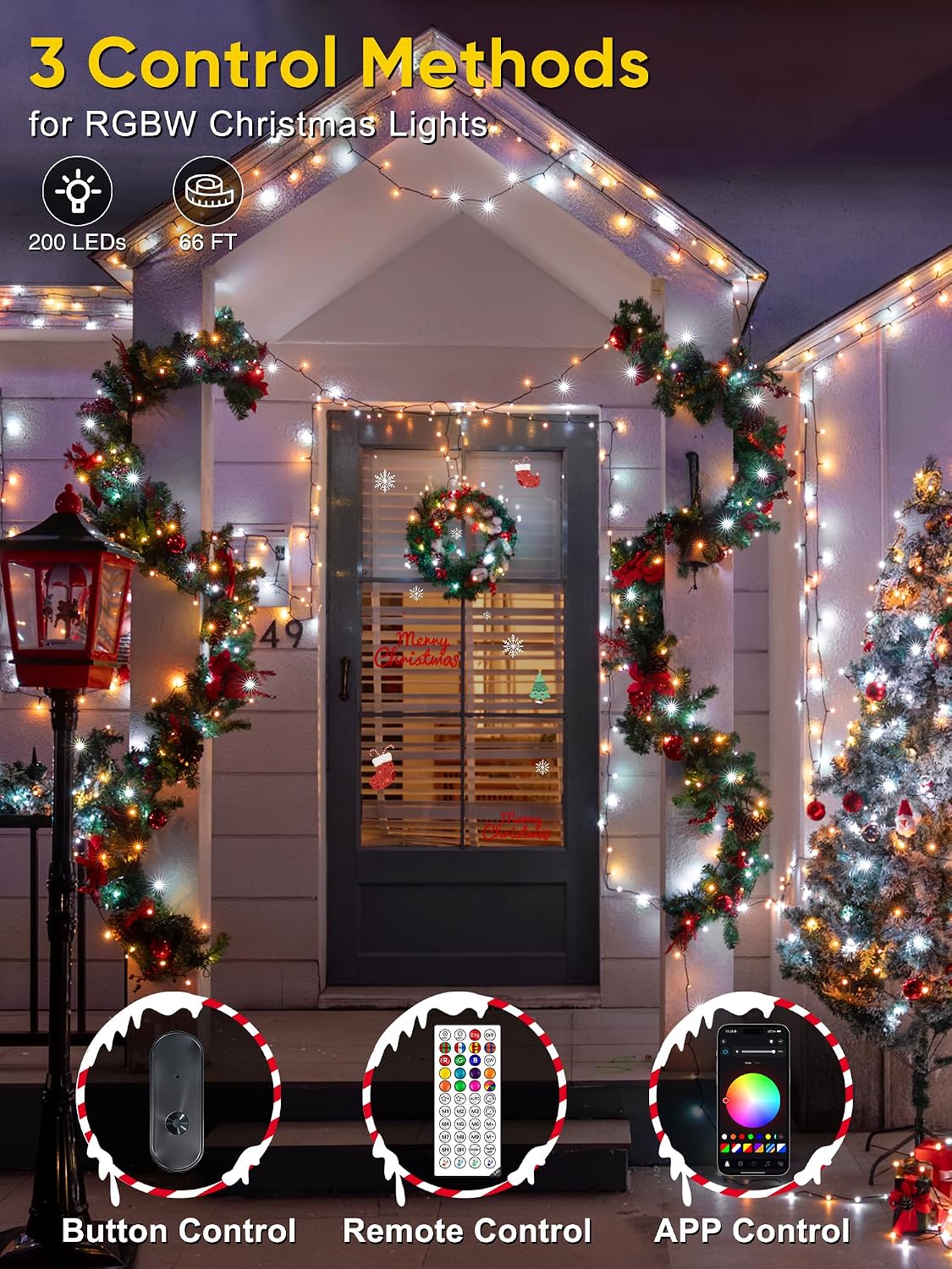 Guhope Smart Color Changing Christmas Lights, 66FT 200 LED RGB Christmas String Lights with App & Remote Control, Waterproof Christmas Tree Lights for Outdoor Indoor Party Decor