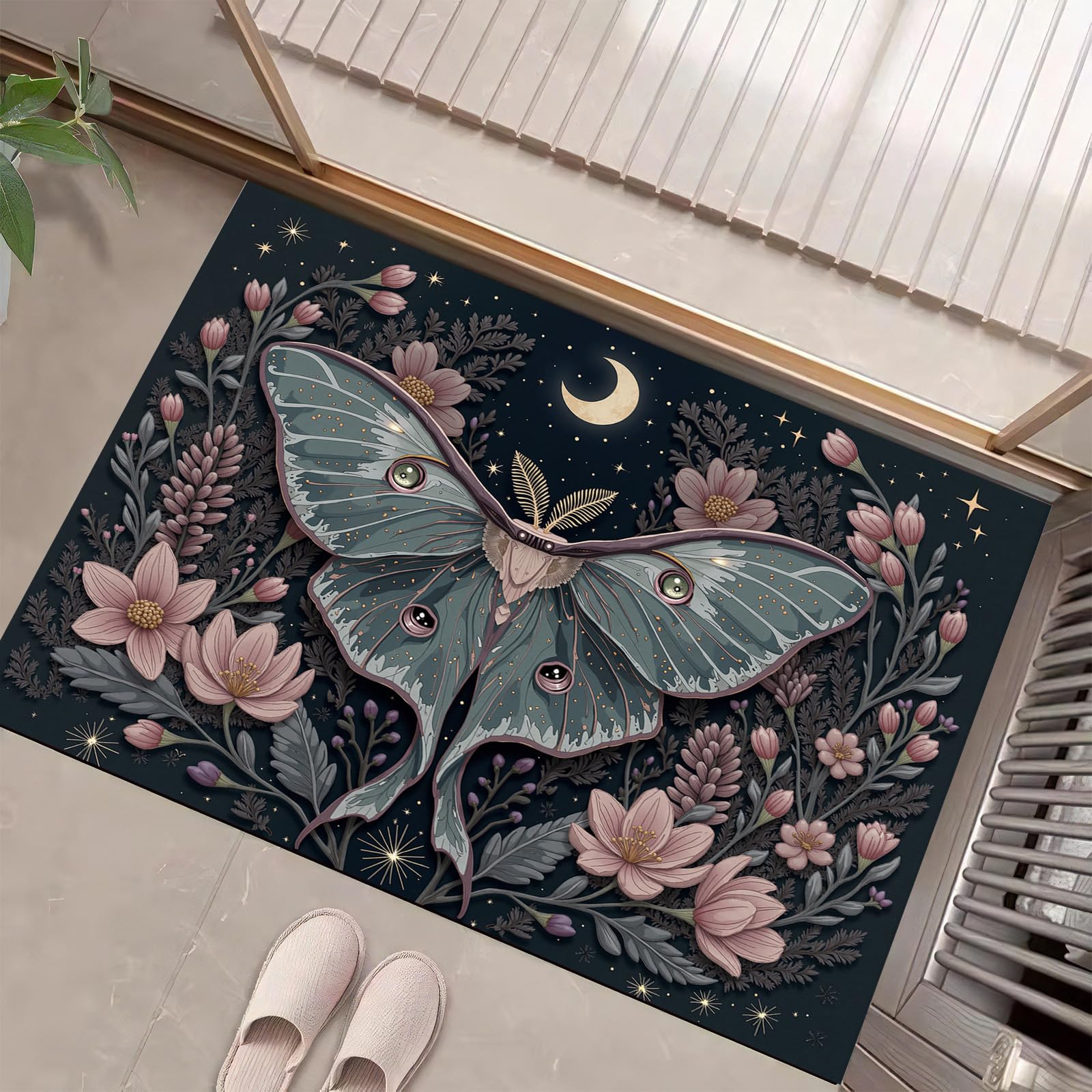 Tapis lune fleurs absorbant et antidérapant rose 90 x 150 cm