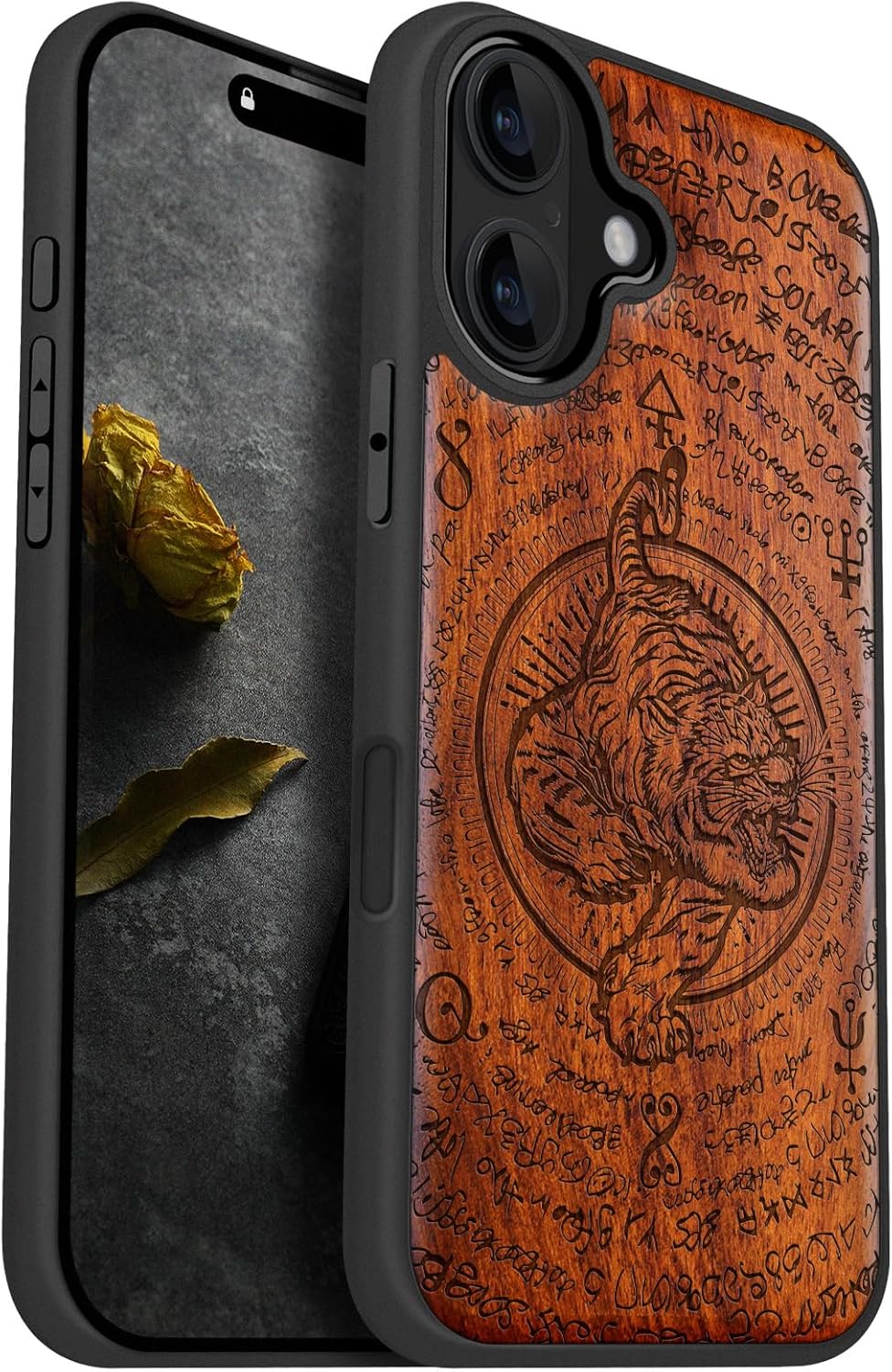 Carveit Magnetic Wooden Case for iPhone 16 Case, Wood Artisan Engraved & Black Soft TPU Shockproof Cover, Compatible with MagSafe Wireless Chargers (The Tiger's Descent) Rosy
