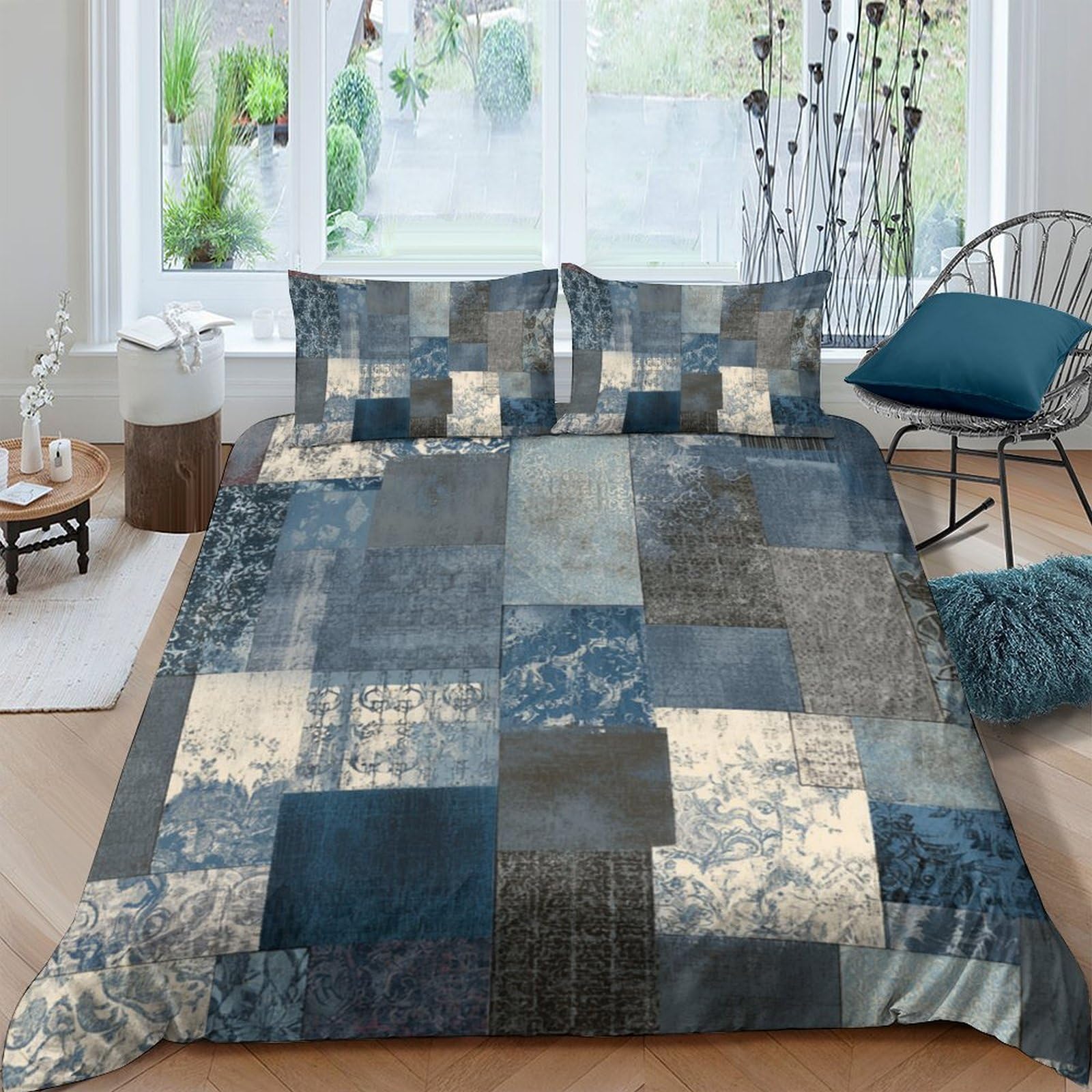 Unrxjzlvm Style-3 Navy Patchwork Aesthetic Duvet Set Microfiber Student Room