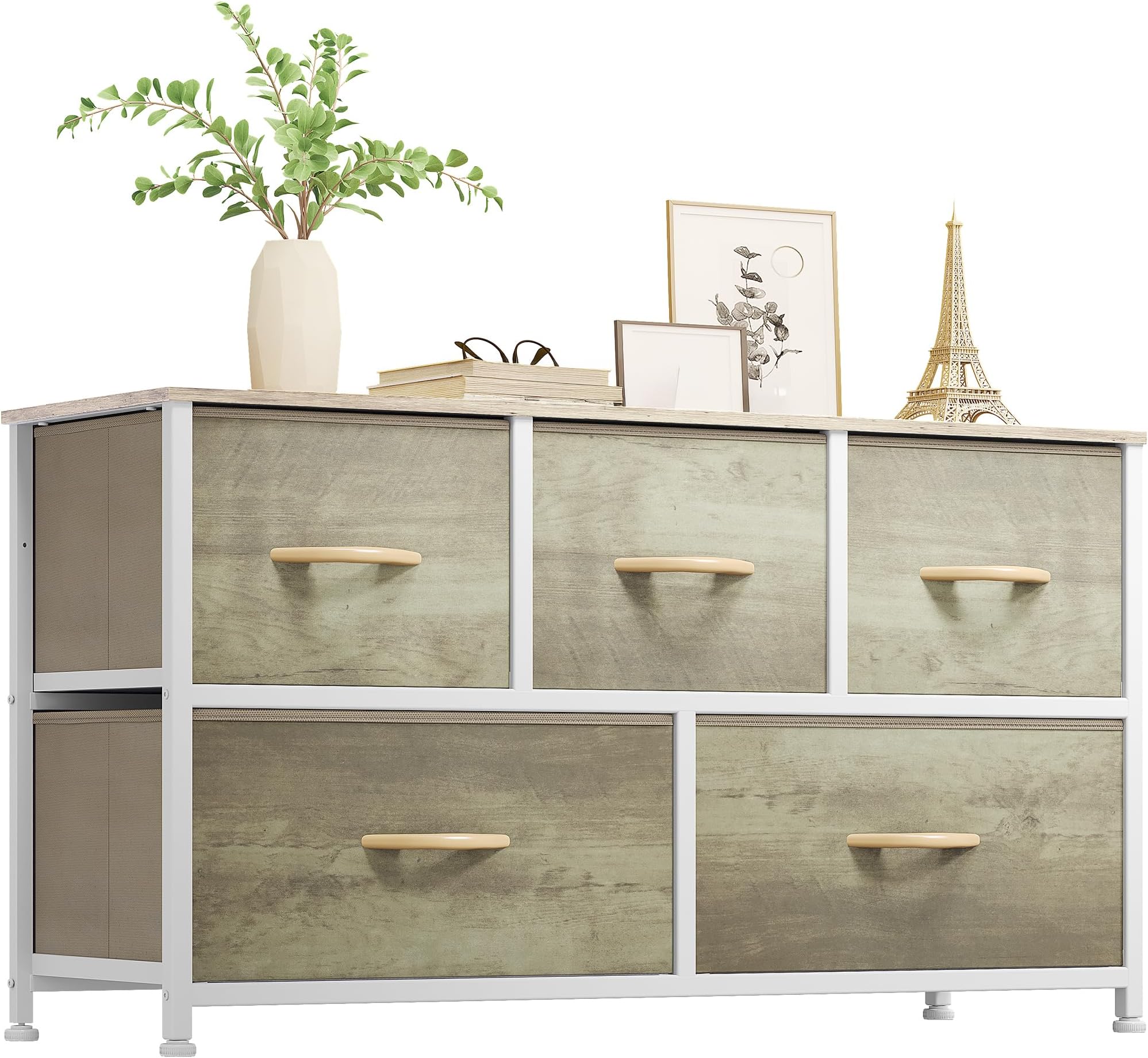 YITAHOME Wide Chest of Drawers, Dresser with 5 Drawers, Oak Greige Fabric Storage Tower, Dresser for Bedroom with 5 Drawers, Living Room, Closets - Sturdy Steel Frame, Wooden Top