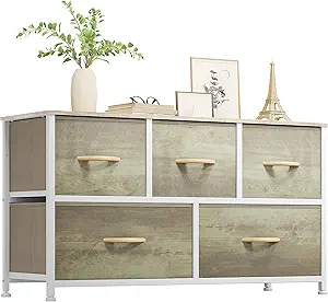 DWVO Wide Chest of Drawers, Dresser with 5 Drawers, Oak Grain Fabric Storage Tower, Dresser for Bedroom with 5 Drawers, Living Room, Closets - Sturdy Steel Frame, Wooden Top