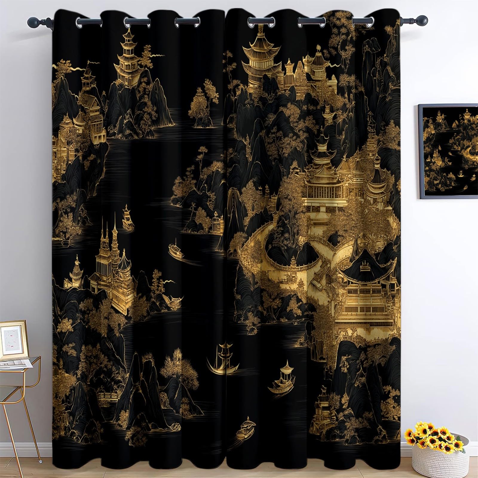Living Room Blackout Curtains for Bedroom 46" W x 54" L x 2, Sailboat Black Gold Super Soft Printed Thermal Insulated Curtains - Dreamy Oriental Retro Style Eyelet Light Blocking Window Drapes Panels