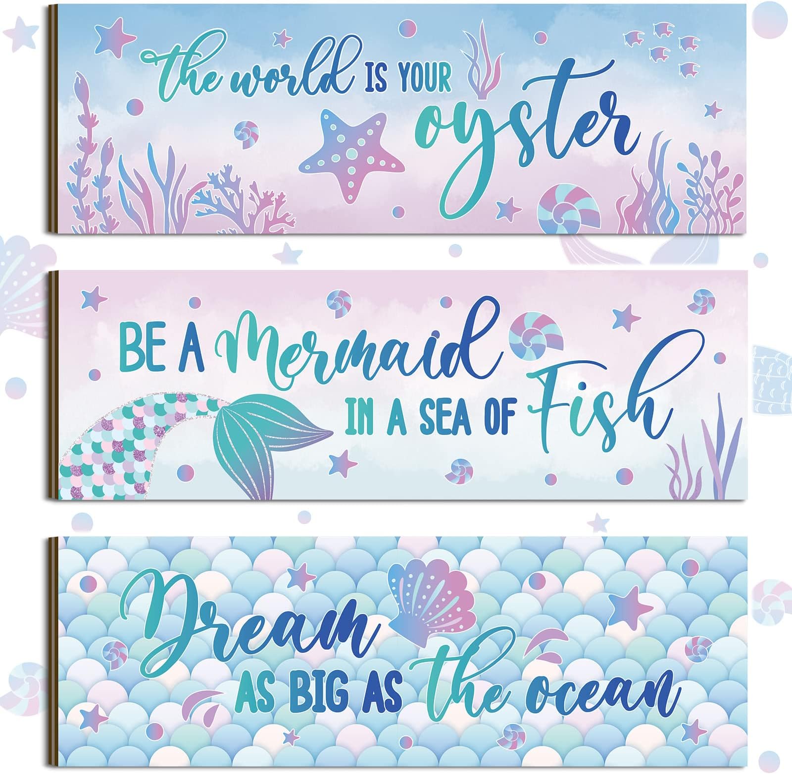 Yerliker 3pcs Mermaid Wall Decor Ocean Theme Wooden Wall Art for Girls Seaside Theme Plaques Decor Mermaid Tail Shell Signs for Baby Nursery Bedroom Bathroom Room Home Decoration