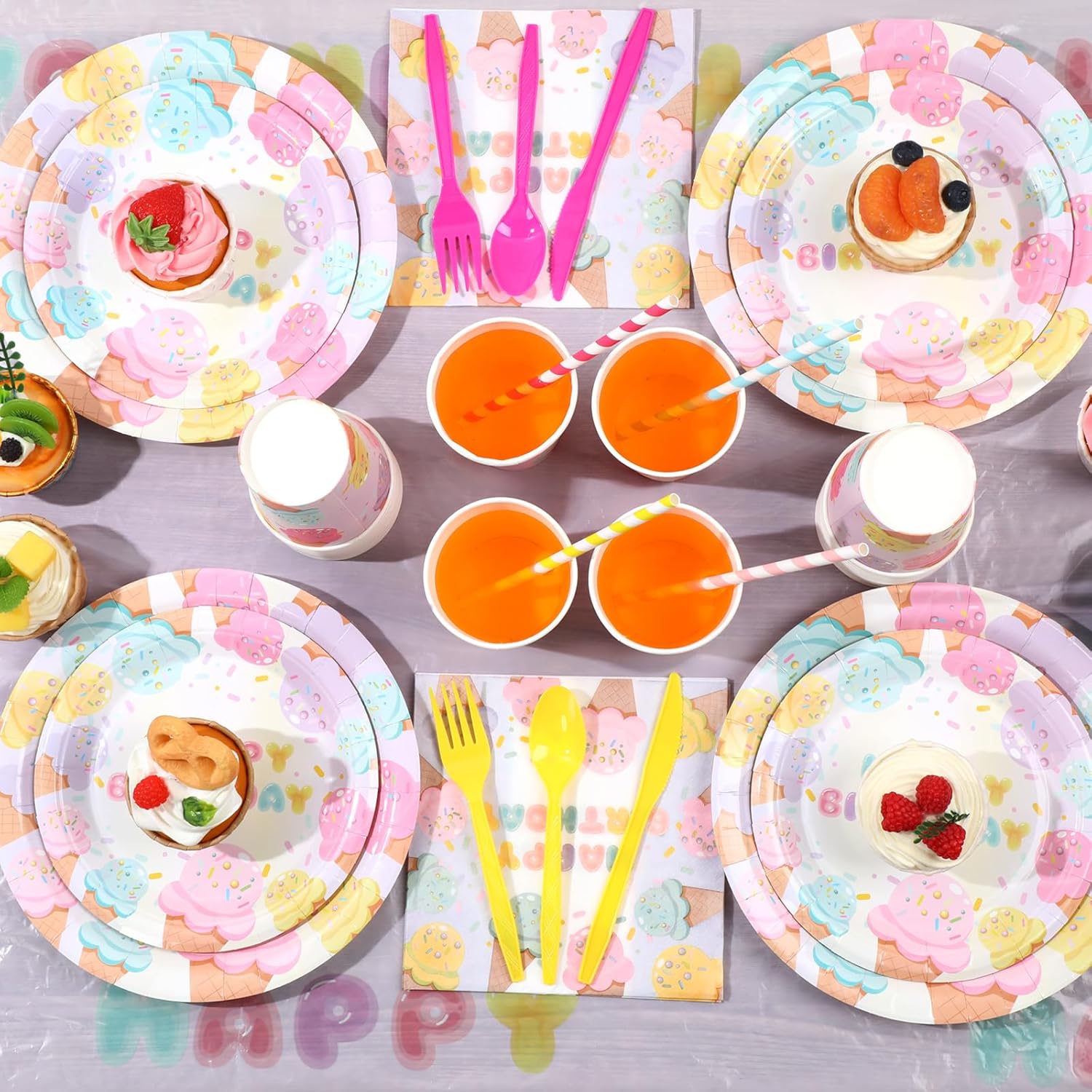 194 Pcs Ice Cream Birthday Party Decorations Supplies 24 Guest Disposable Dinnerware with Ice Cream Tablecloth Paper Plates Cup Napkin Plastic Fork Knives Spoon for Grow up Party Shower