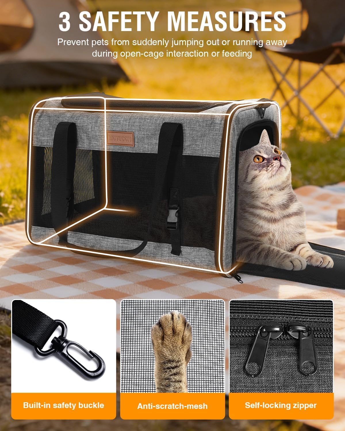PETUX Large Pet Carrier for Large Cats ＆ Small Dogs - Up to 20Lb, Top and Side Entry, 4 Side Breathable, Foldable Soft Cat Travel Carrier with Safety Car Seat Buckle and Anti-Scratch Mesh - Grey