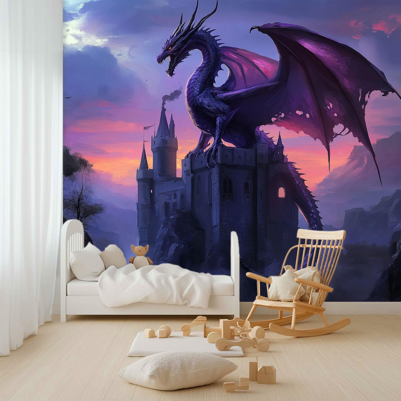 Papel Pintado Infantil 3D Fantasía Cuento De Hadas Castillo Dragón 400 x 280 cm - Mural de Pared para Habitación de Niños y Niñas en Tela No Tejida Premium - Diseño Artístico para Soñar Azul Púrpura