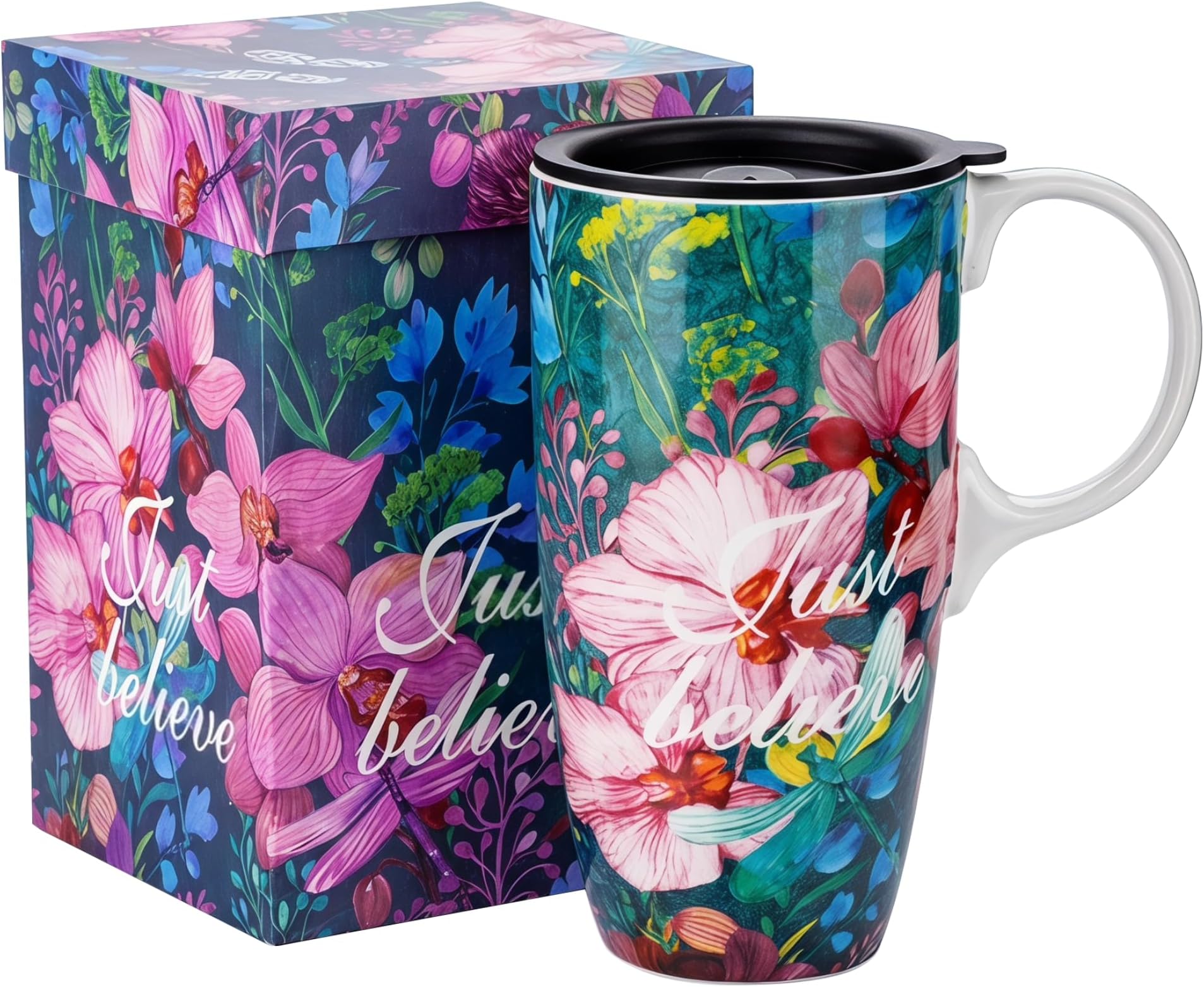 Topadorn 17oz Ceramic Travel Mug with Lid, Inspirational Floral Coffee Mug with Handle, Just Believe Ceramic Travel Cup, Microwave & Dishwasher Safe, Gift Box Included