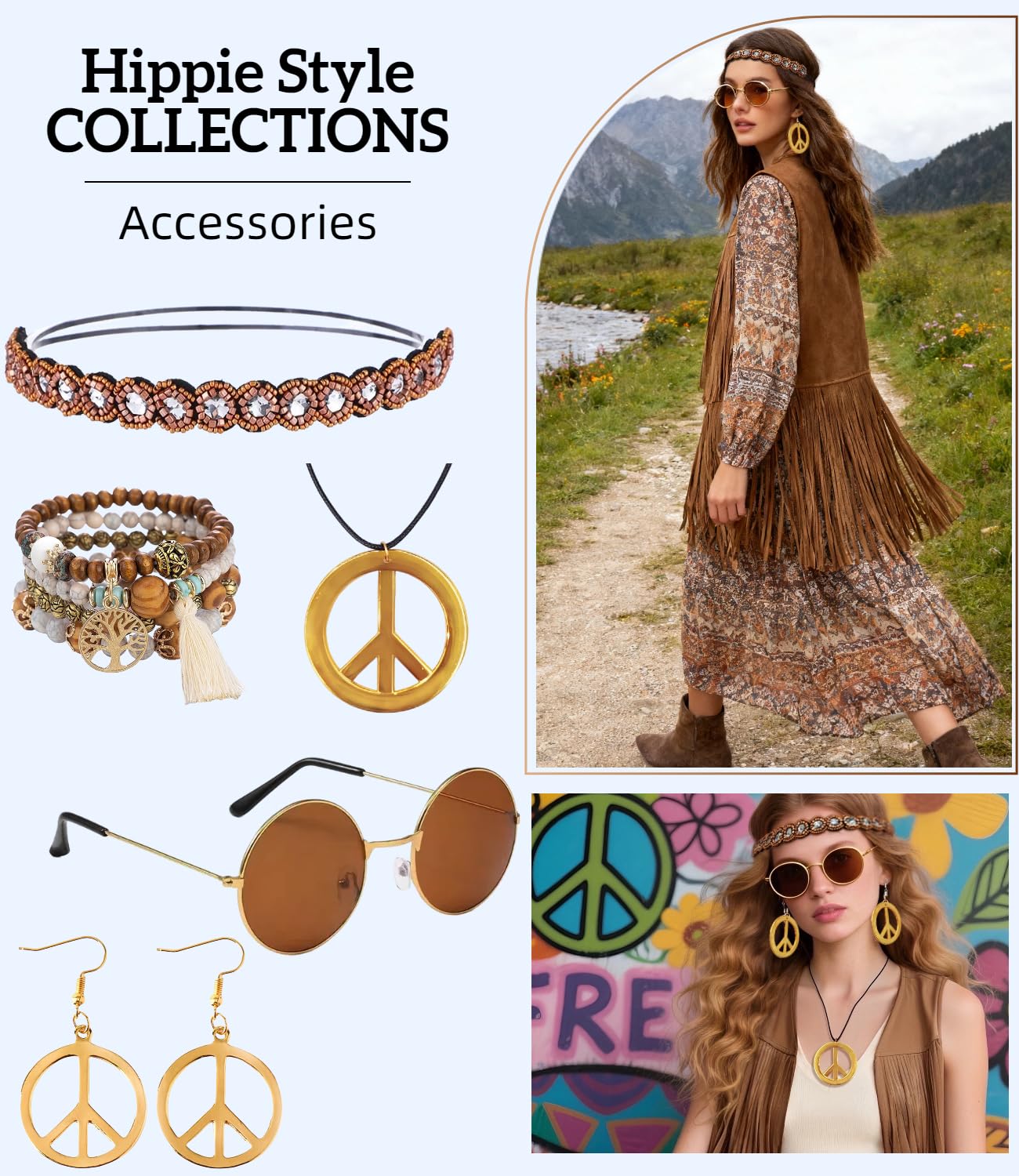 kasahara Hippie Accessoires 5 Stück Set, Hippie Kostüm Damen Kleidung, 60er 70er Jahre Bekleidung Abba Kostüm Accessoires Faschingskostüme Karneval Damen Boho Zubehör