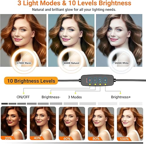 Miniatura 2 de Anillo de luz de 10 pulgadas con soporte y soporte para teléfono, anillo de luz USB APEXEL para escritorio con control remoto, soporte de cámara