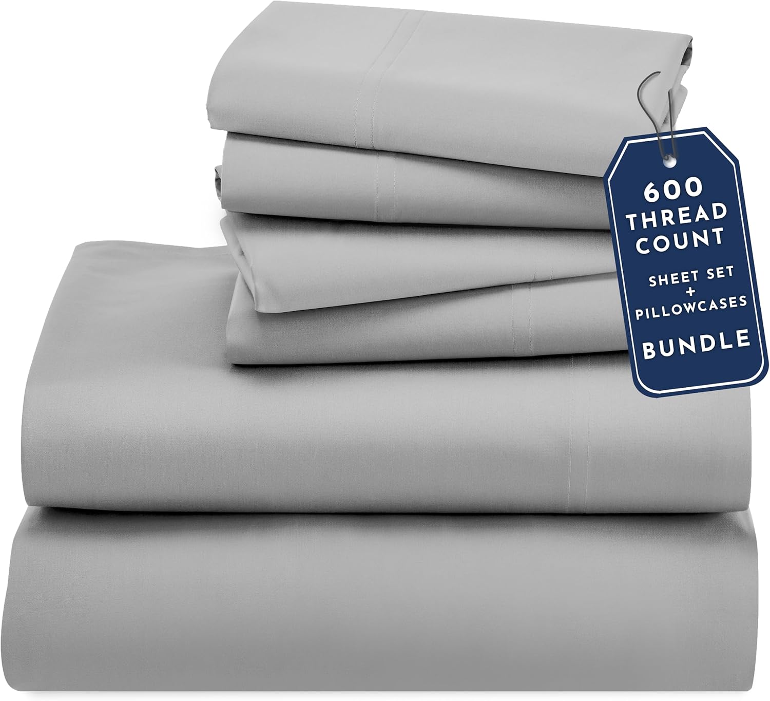 California Design Den 6 Piece King Size Sheet Set with 4 Pillowcases, 600 Thread Count 100% Cotton Sateen (Light Grey)