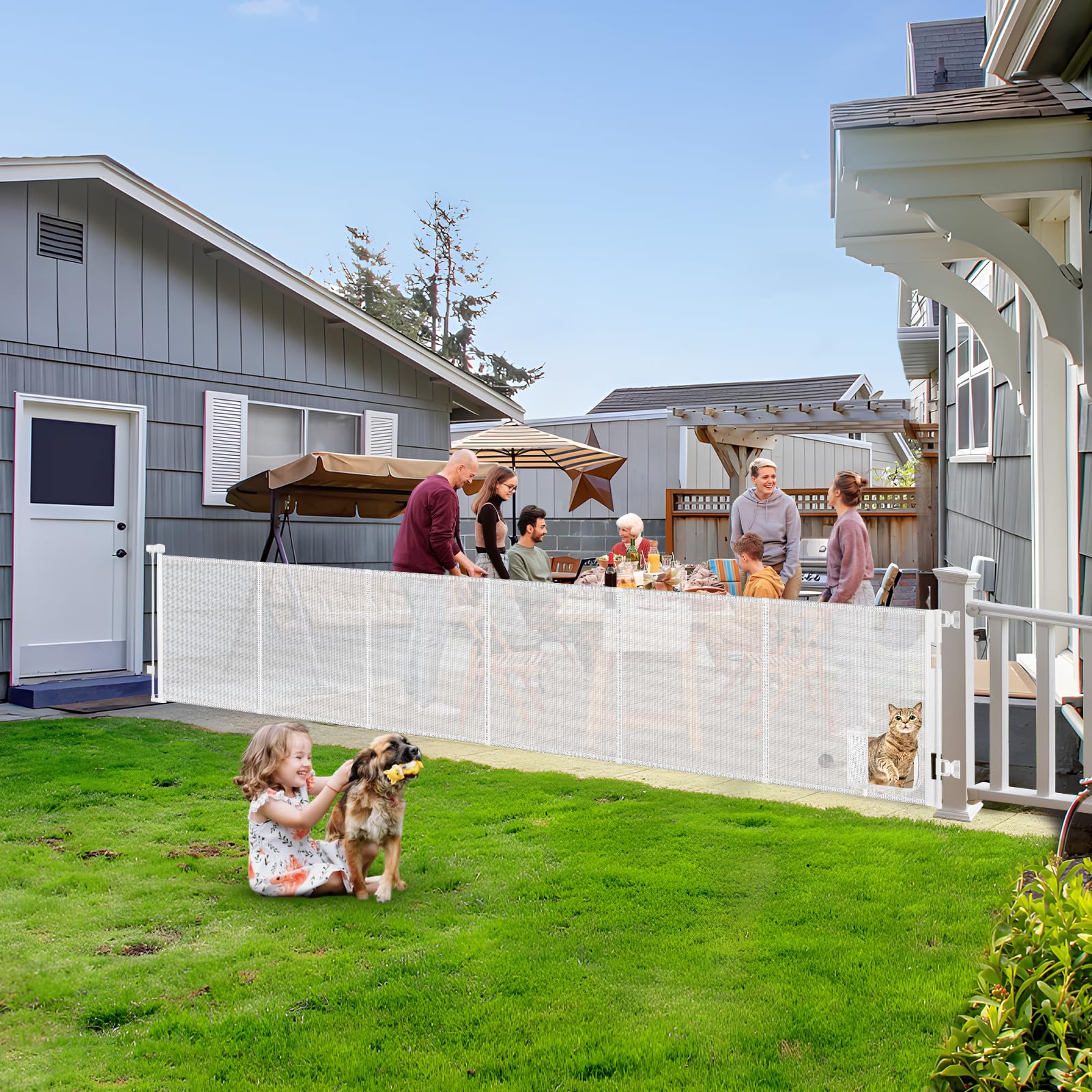 reinforced 150” extra wide pet gate with door 33 inch tall retractable dog gates for doorways extra wide baby gates for large openings with reinforced strips 12.5ft large dog gate with cat door, white