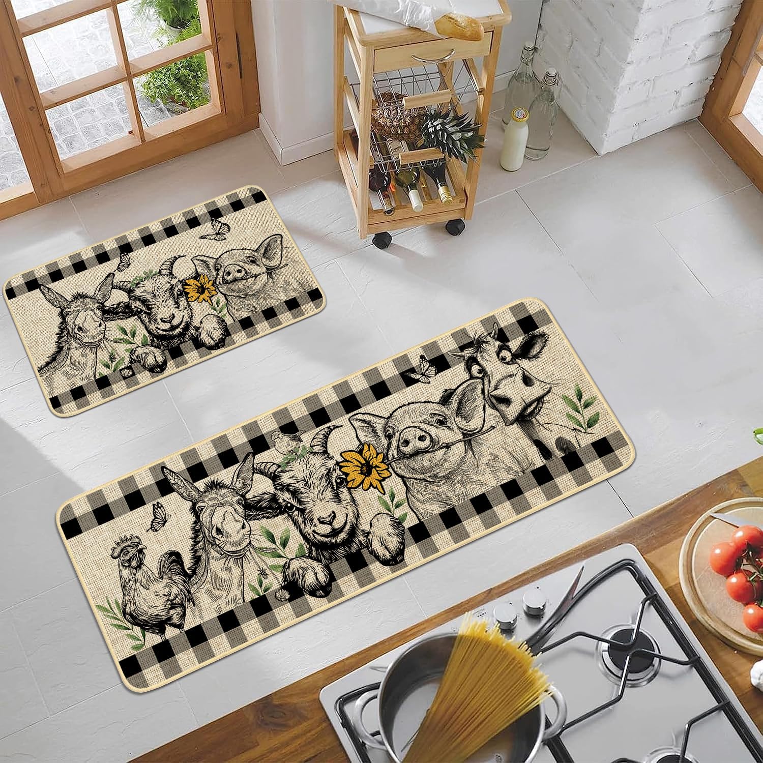 Farmhouse Kitchen Rugs Set of 2,Farm Pig Goat Rooster Highland Cow Horse Kitchen Mats for Floor, Animals Grey Non Slip Sink Laundry Rug Kitchen Home Decor Doormat+Runner Rug