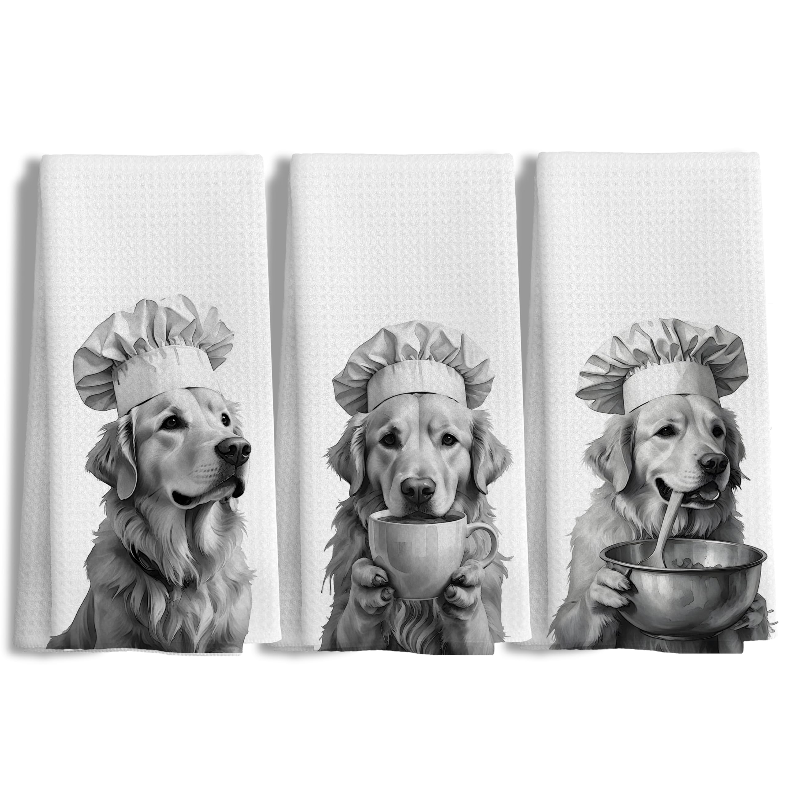 LUKIPOM Funny Chef Golden Retriever Accessories Gifts Kitchen Towels Set of 3,Golden Retriever Kitchen Decor,Dog mom Gifts for Women，16x24 Inch
