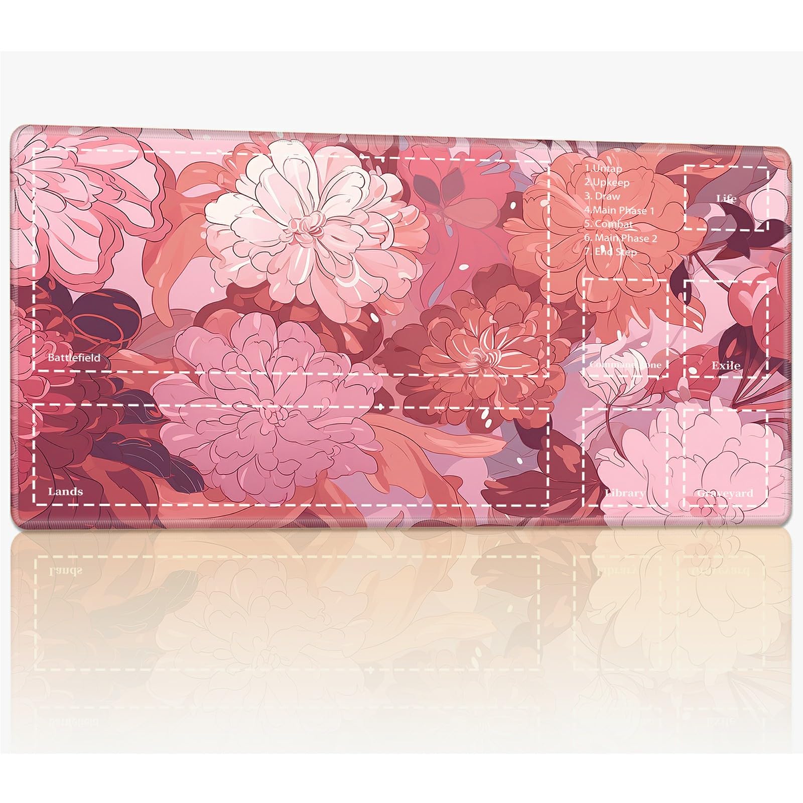 Playmat with Zones for MTG Magic The Gathering, 24 x 14 inches Stitched TCG Trading Card Play Mat Commander Board Game Mats Smooth Rubber Surface Battle Game Desk Mat, Pink Peony