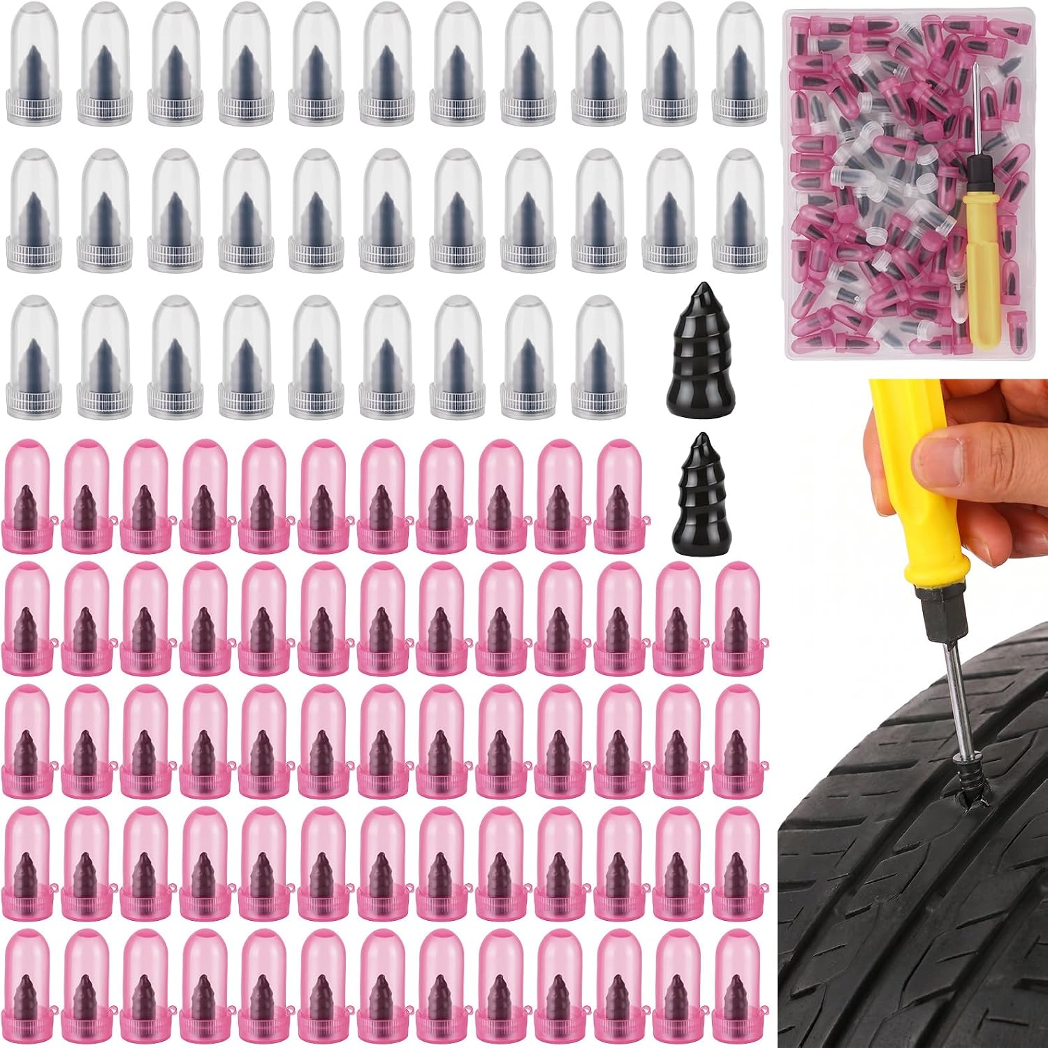 Emergency Tire Repair Nails 110PCS, 2 Sizes Vacuum Rubber Tire Screw Plug Repair Kit, Flat Tire Quick Fix Rubber Nail Tool with Screwdriver for Car Motorcycle Jeep Truck Puncture (70S+40L)