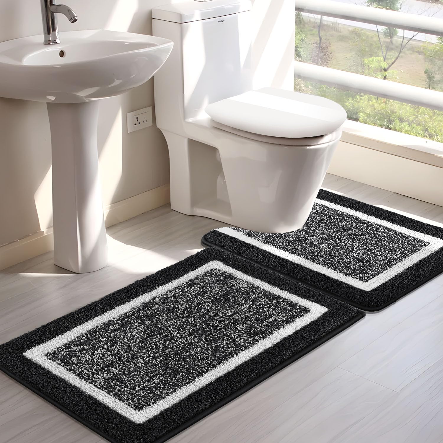 SHACOS Bathroom Rug Mat Set, Microfiber Shaggy Bath Mat, Non-Slip Soft Bathroom Carpet, Super Absorbent Quick Drying