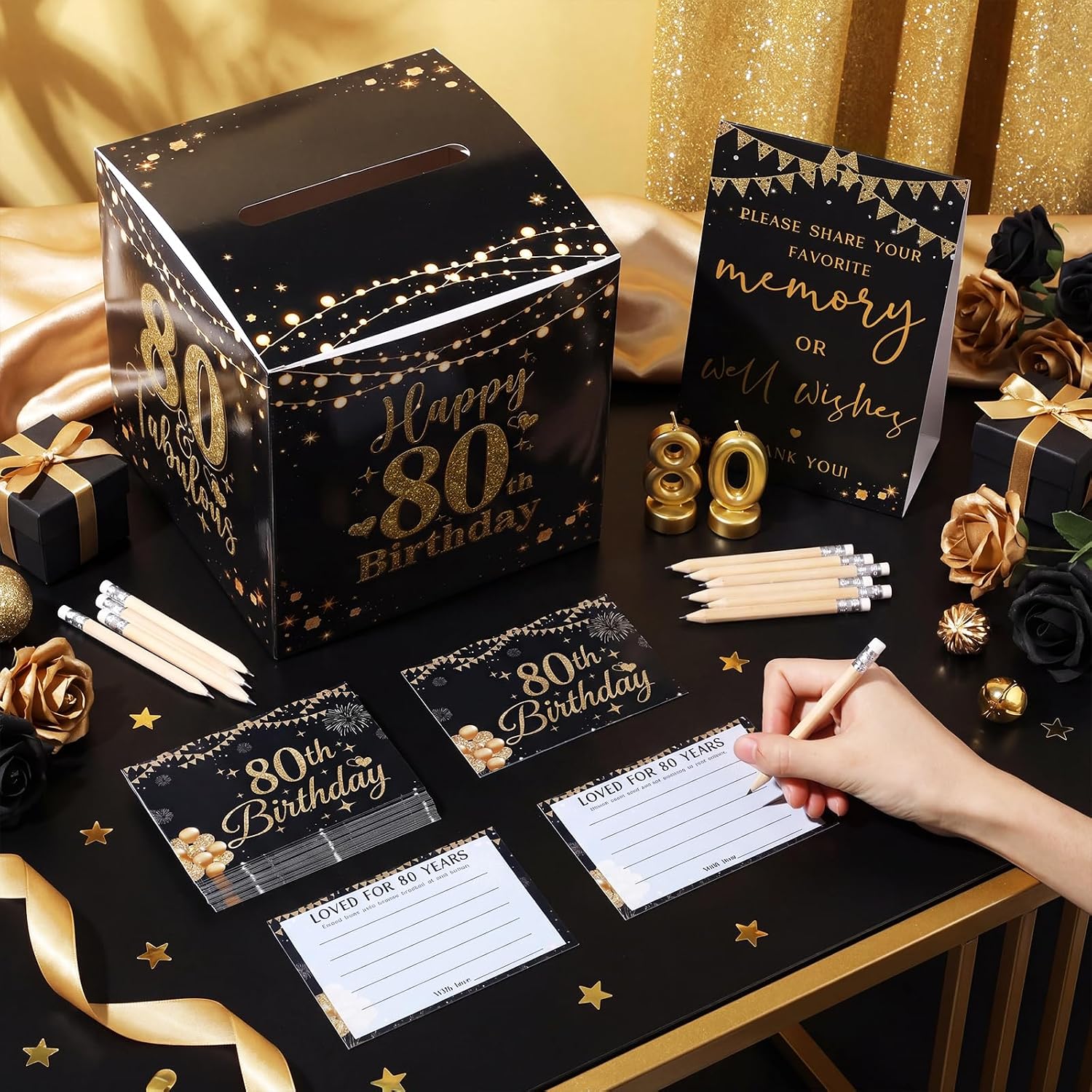 Sinload 122 Pcs 80th Birthday Party Supplies Include Message Card Box, 100 Share a Memory Cards, Paperboard Tabletop Sign and 20 Sharpened Pencil, 80th Birthday Decoration Party Favors for Women Men
