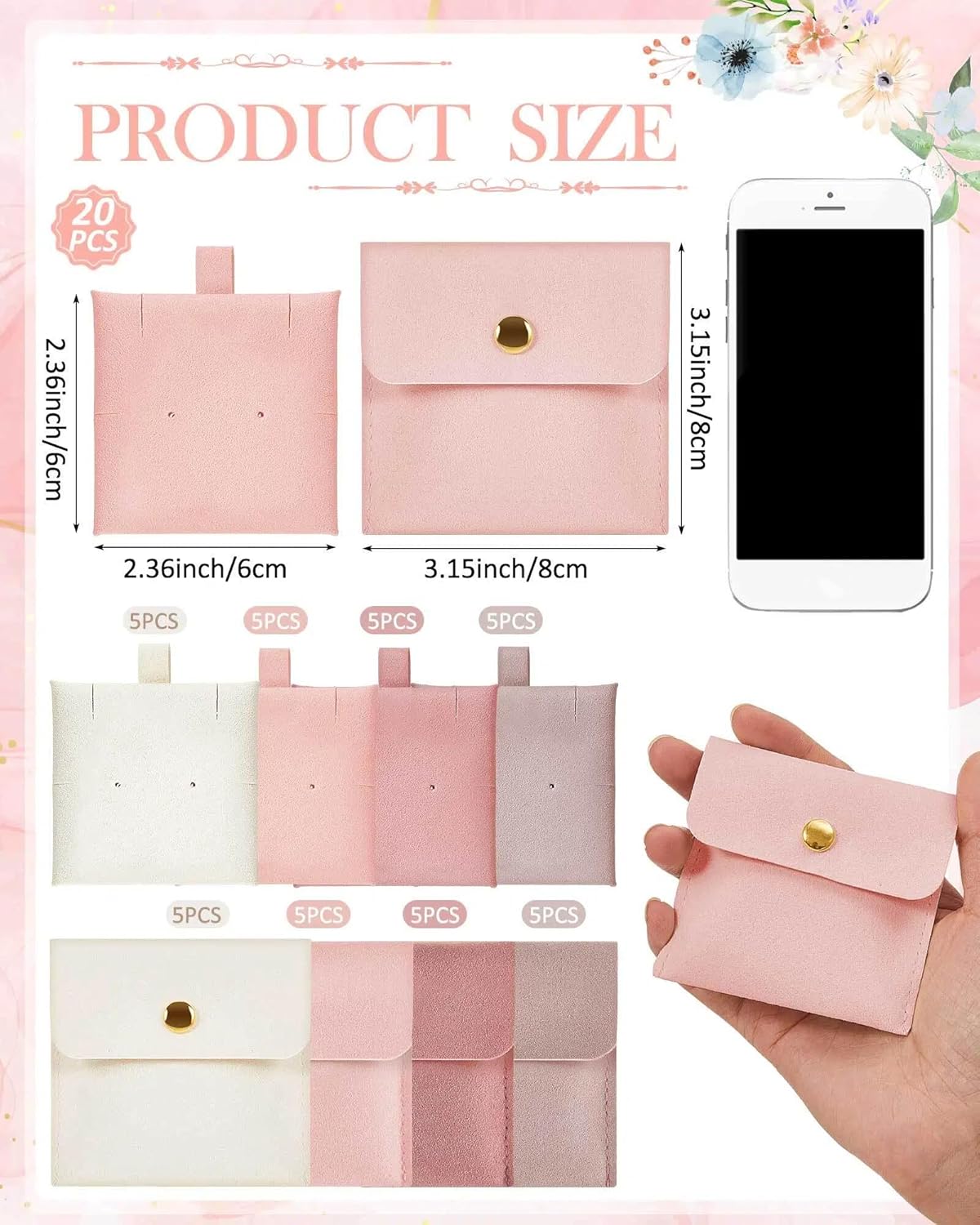 Ferreve Microfiber Jewelry Pouch with Insert Pad Snap Button Bulk 8x8cm Jewelry Packaging Gift Bag for Travel Necklace Earing
