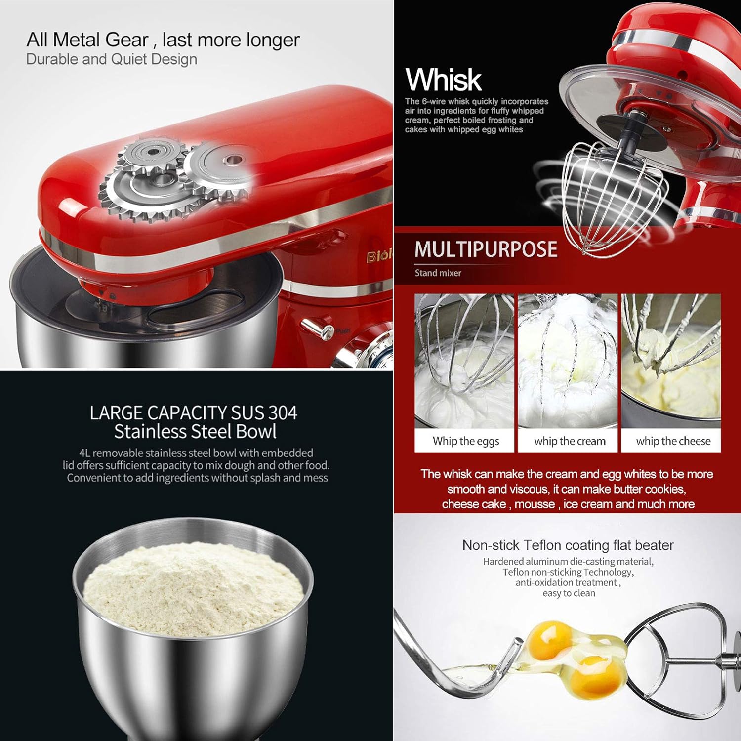 AIZYR Multi-Functional Kitchen Stand Mixer, 6-Speed 4L Tilt-Head Food Mixer with Stainless Steel Bowl, Beater, Dough Hook & Whisk,Us Plug