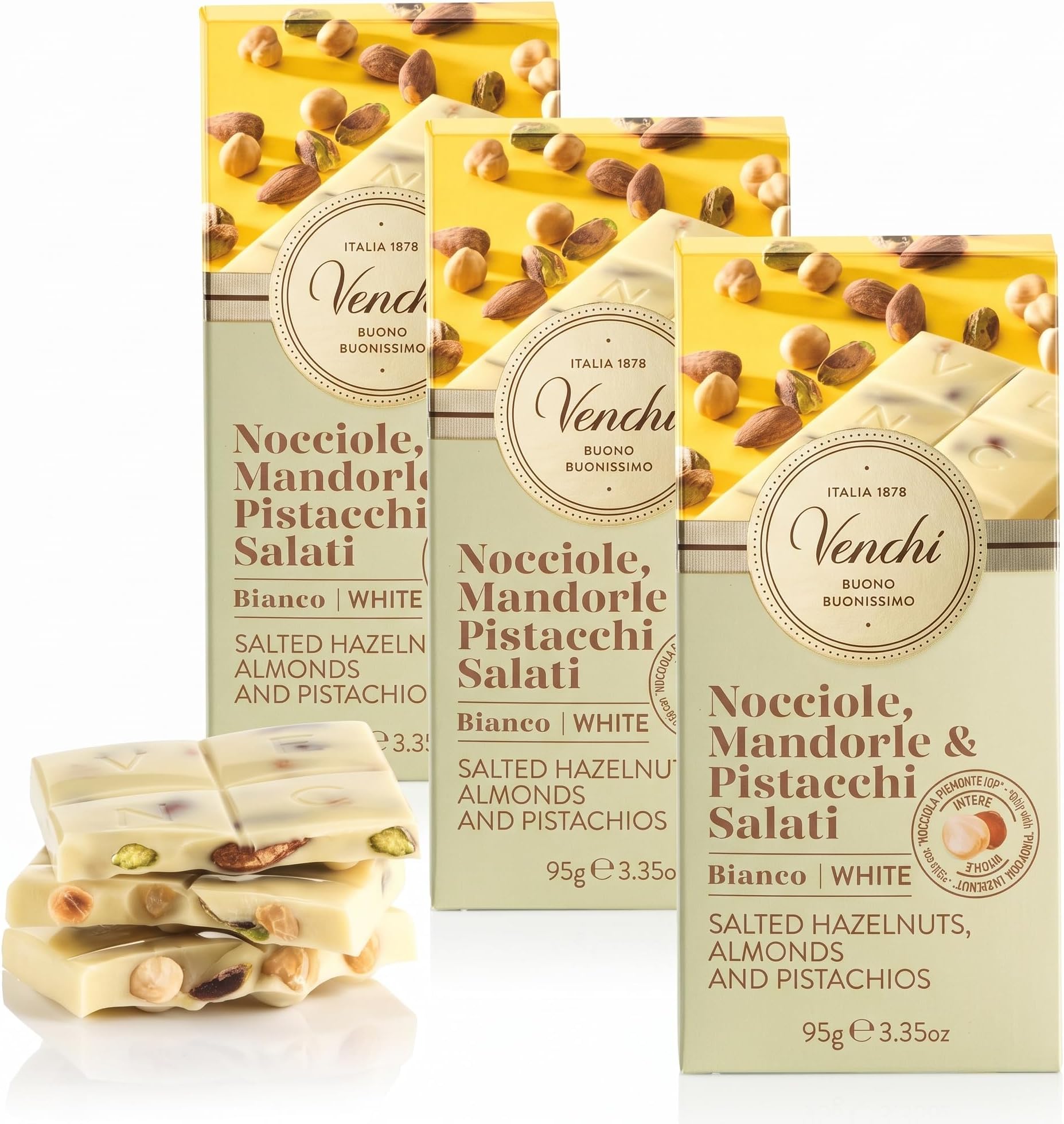 Venchi White Chocolate with Pistachios and Salted Nuts (Pack of 3)