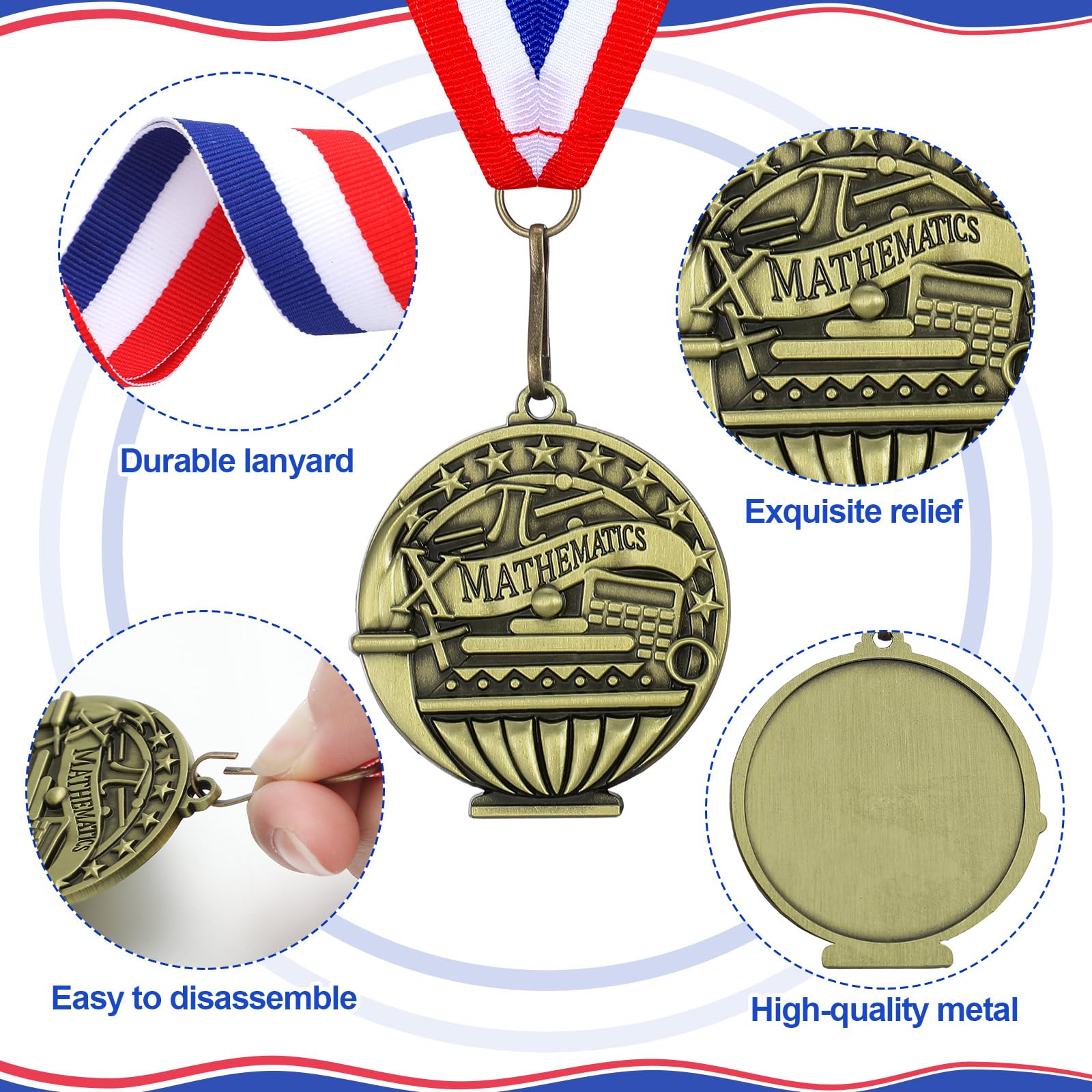 12 medallas de premio de matemáticas a granel de 2 pulgadas con cintas para el cuello, ganador de bronce dorado, premio de metal de matemáticas, premio de premio de matemáticas para