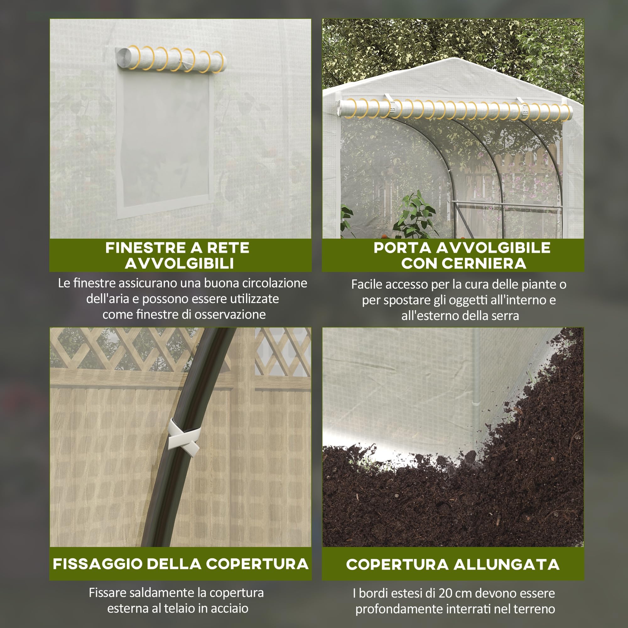 Outsunny Serra da Giardino, Serra a Tunnel per Giardino con Porta a Rullo e 6 Finestre, per Orto in Polietilene e Acciaio, 3.5x3x2 m, Bianco