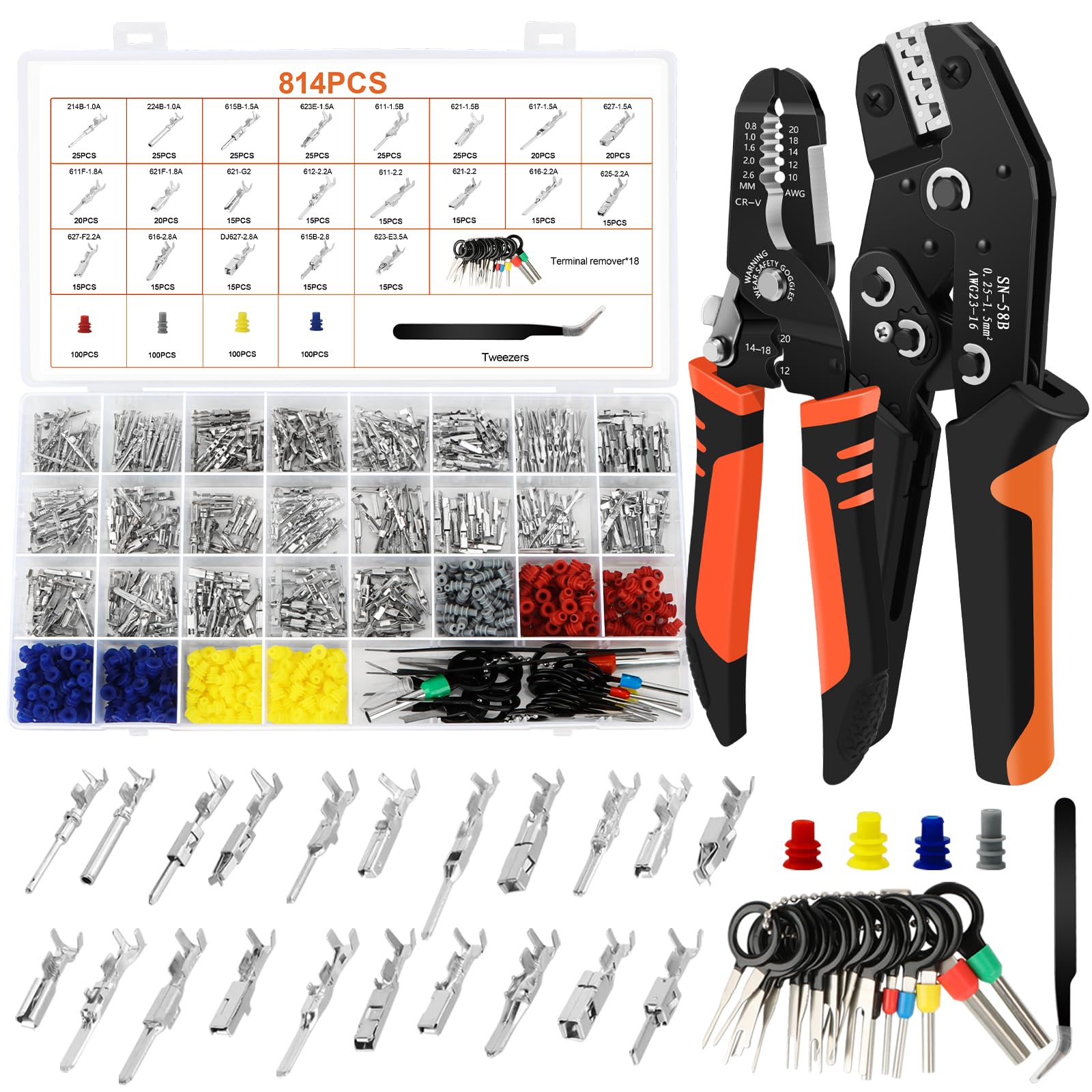 Kit de conectores eléctricos para coche 816 piezas con crimpadora y pelacables, terminales 1,0–3,5 mm, tapones de sellado y extractores para coche, moto y barco
