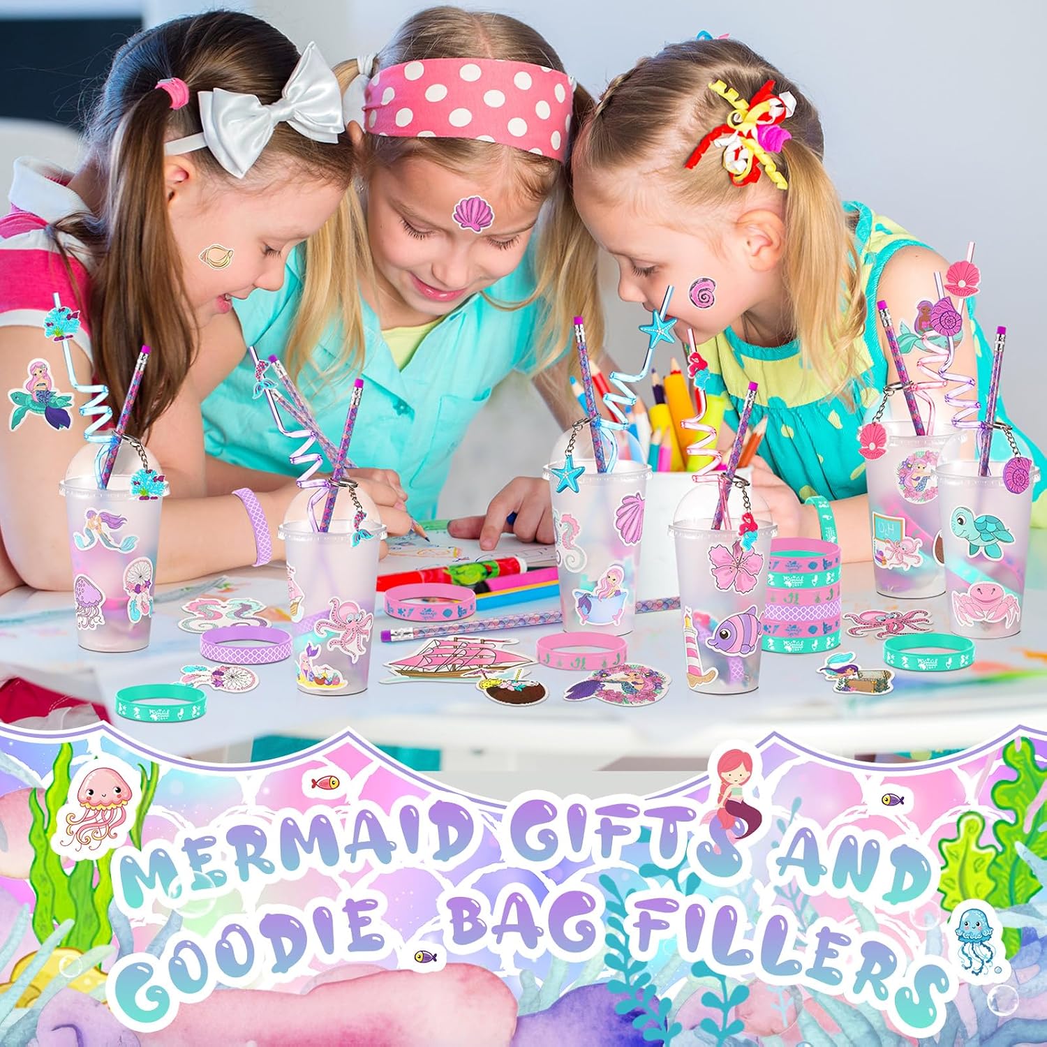 194 Pcs Mermaid Party Favors Goody Cup Fillers, Mermaid Birthday Party Decorations Straws Keychains Pencils Bracelets for Goodie Bag Stuffer, Classroom Rewards, Pinata Supplies, Baby Shower