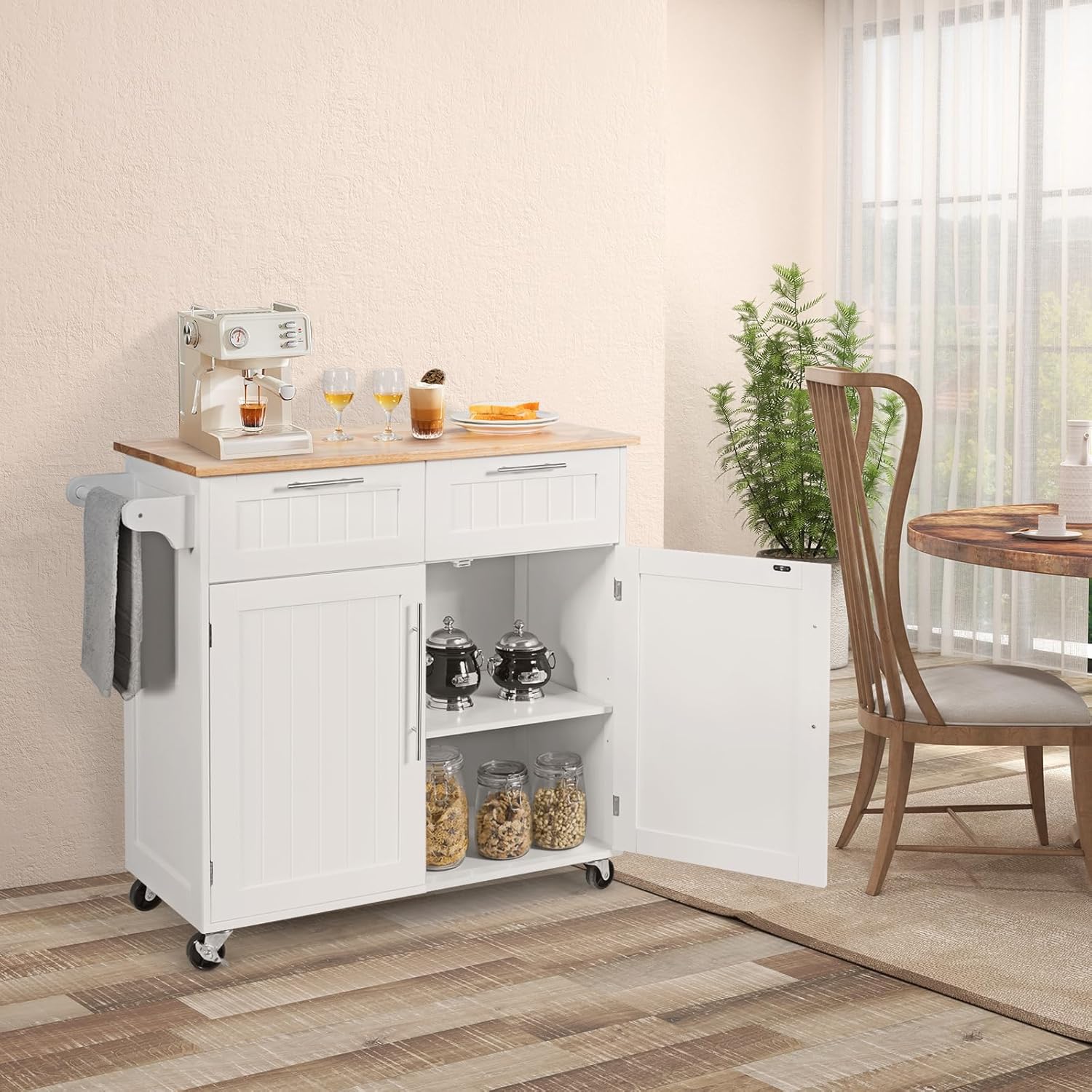 Kitchen Island with Storage, Mobile Kitchen Trolley Cart with Wheels, Rubber Wood Top, Adjustable Shelves, Towel Rack & Drawers, Rolling Kitchen Island Cart, 37" L x 18" W x 37" H (White)