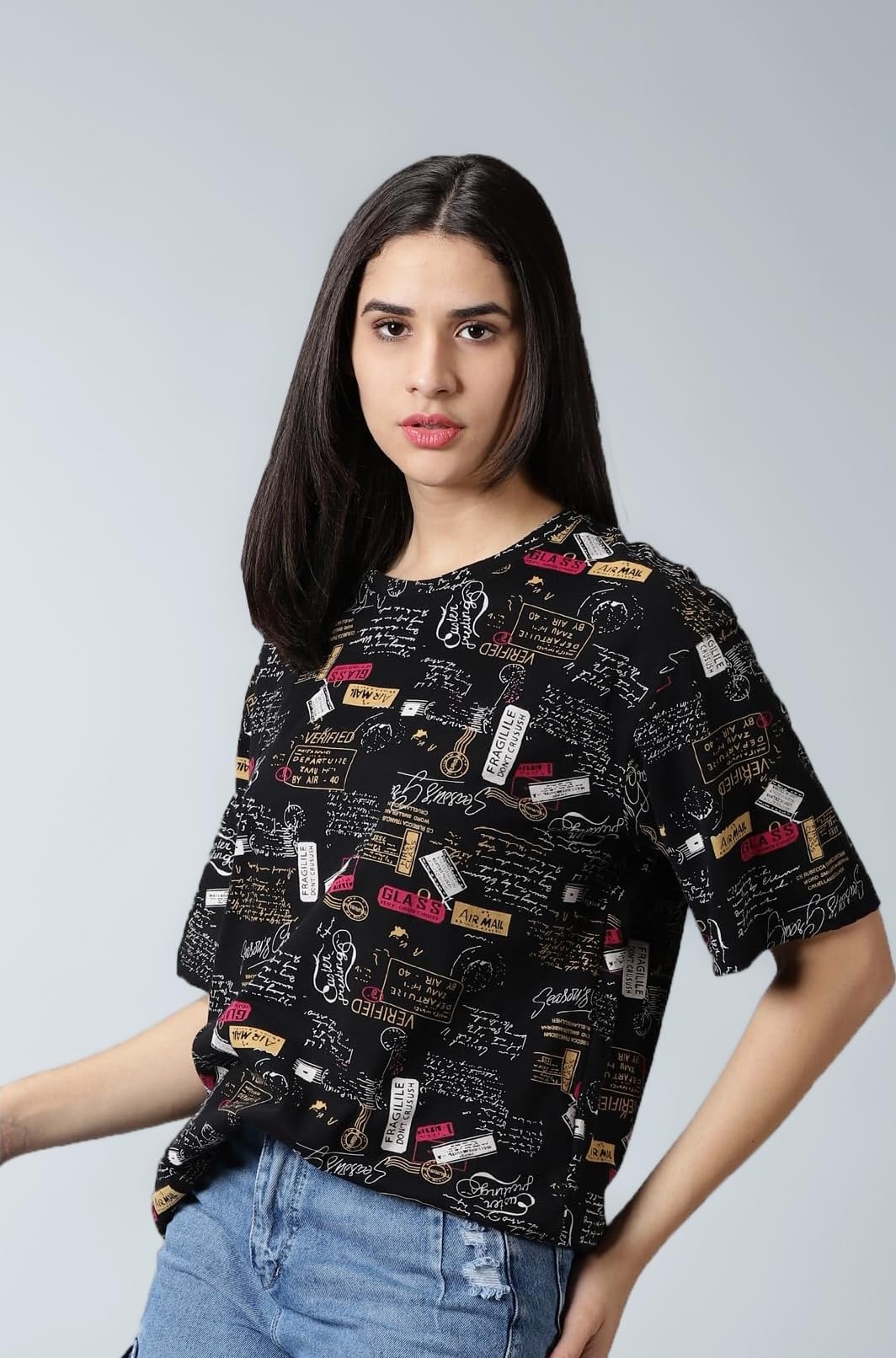 Oversized Loose Fit Half Sleeves Cotton Round Neck Printed T-Shirt for Womens/Girls