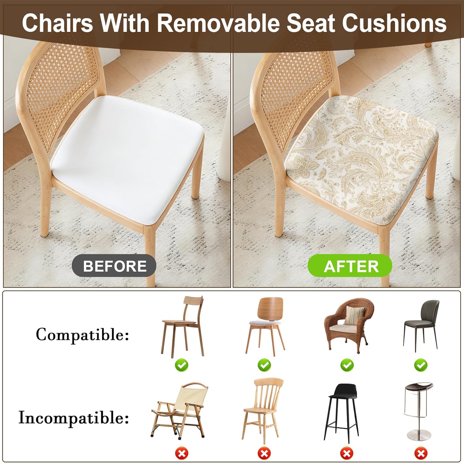 BVBOX Seat Covers Set of 4 for Dining Room Chairs Stretch Multi-Style Dining Chair Covers Washable Removable Cushion Slipcovers Seat Protector (Ivory Gold Baroque, Set of 4)