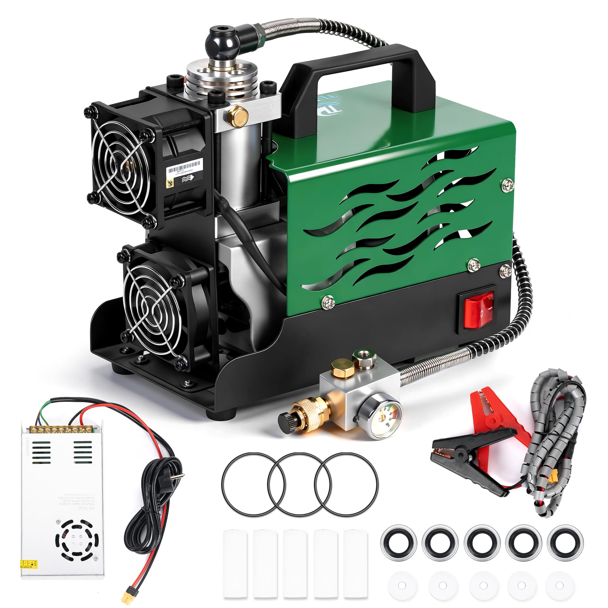 TUDIVING-Portable PCP Air Compressor | 12V DC/220V AC | Fast Inflation | Built-in Fan | Water&Oil Free | Lightweight | Easy to Carry | for Paintball/Air Rifle/Scuba Tank (TXES061)