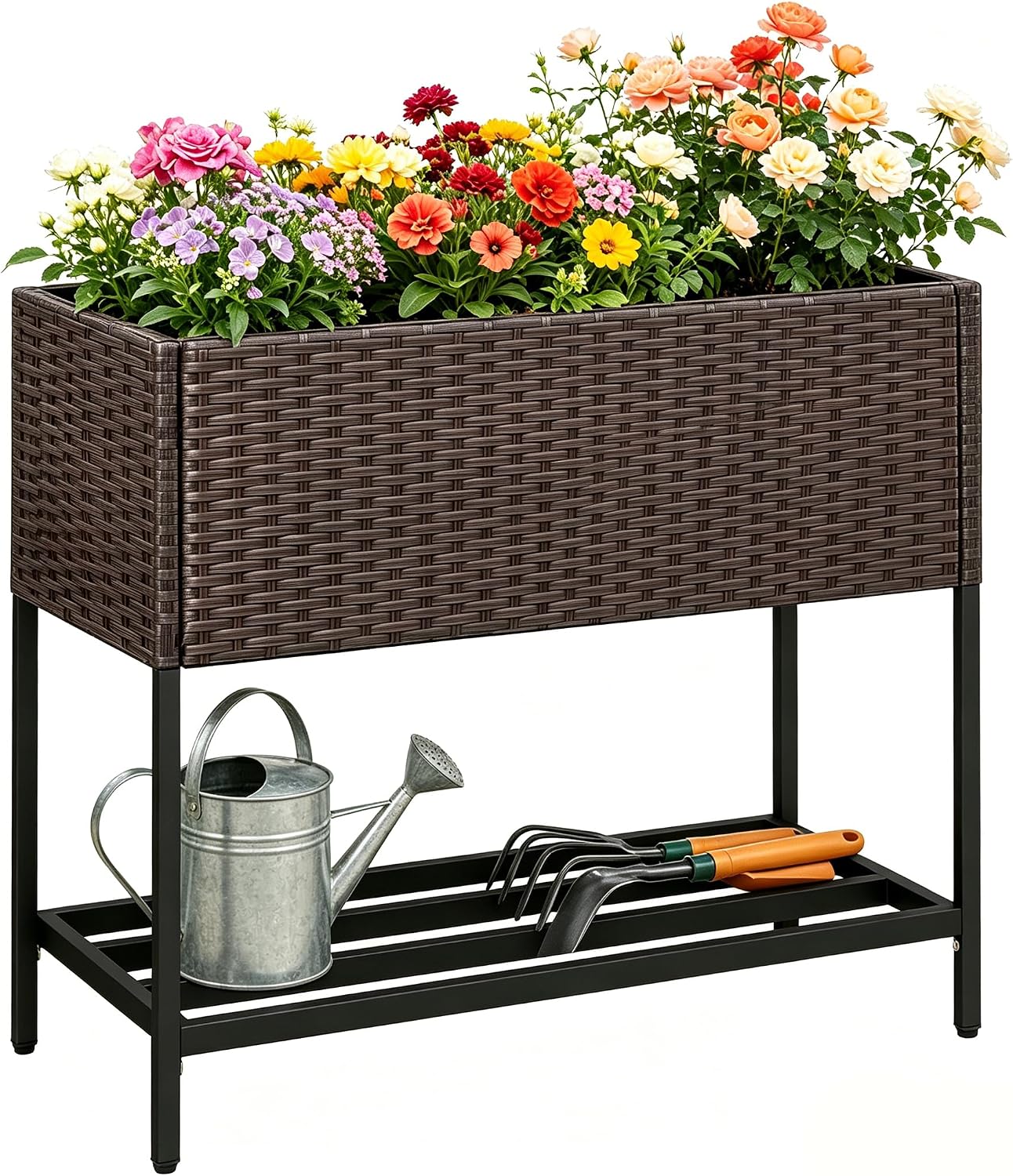 LDAILY Elevated Raised Garden Bed with Legs, Outdoor Planter Box with Storage Shelf & Drainage Gap for Vegetables, Flowers & Fruits, Heavy Duty Rattan Garden Planter for Yard, Patio & Balcony, Brown