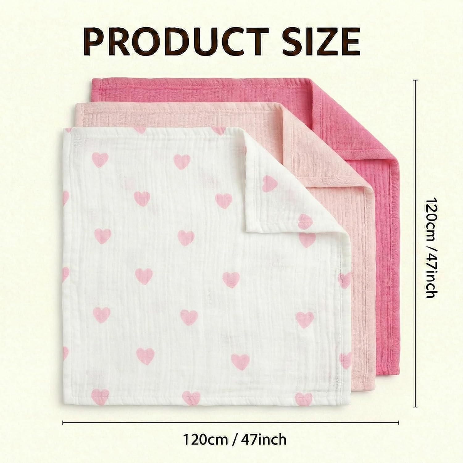 Muslin Swaddle Blankets for Boys Girls, 3 Pack Receiving Baby Blanket Large 47 x 47 inches, Soft Breathable Swaddling Wrap for Unisex Newborn (Gentle Pink, Pink, Love)