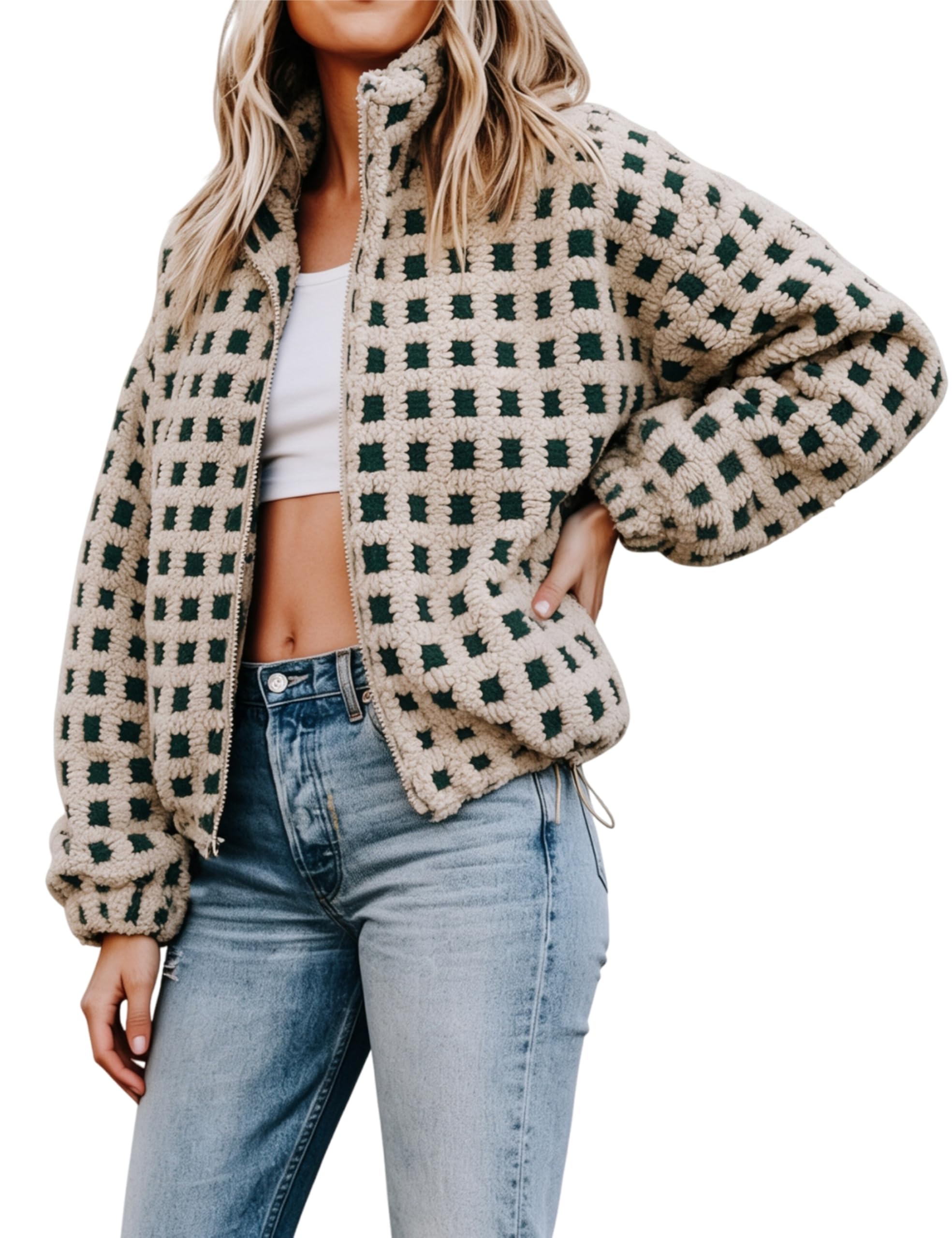 Photo 1 of Lianlive Women Sherpa Fleece Jacket Checkered Fuzzy Coats (Green-xl