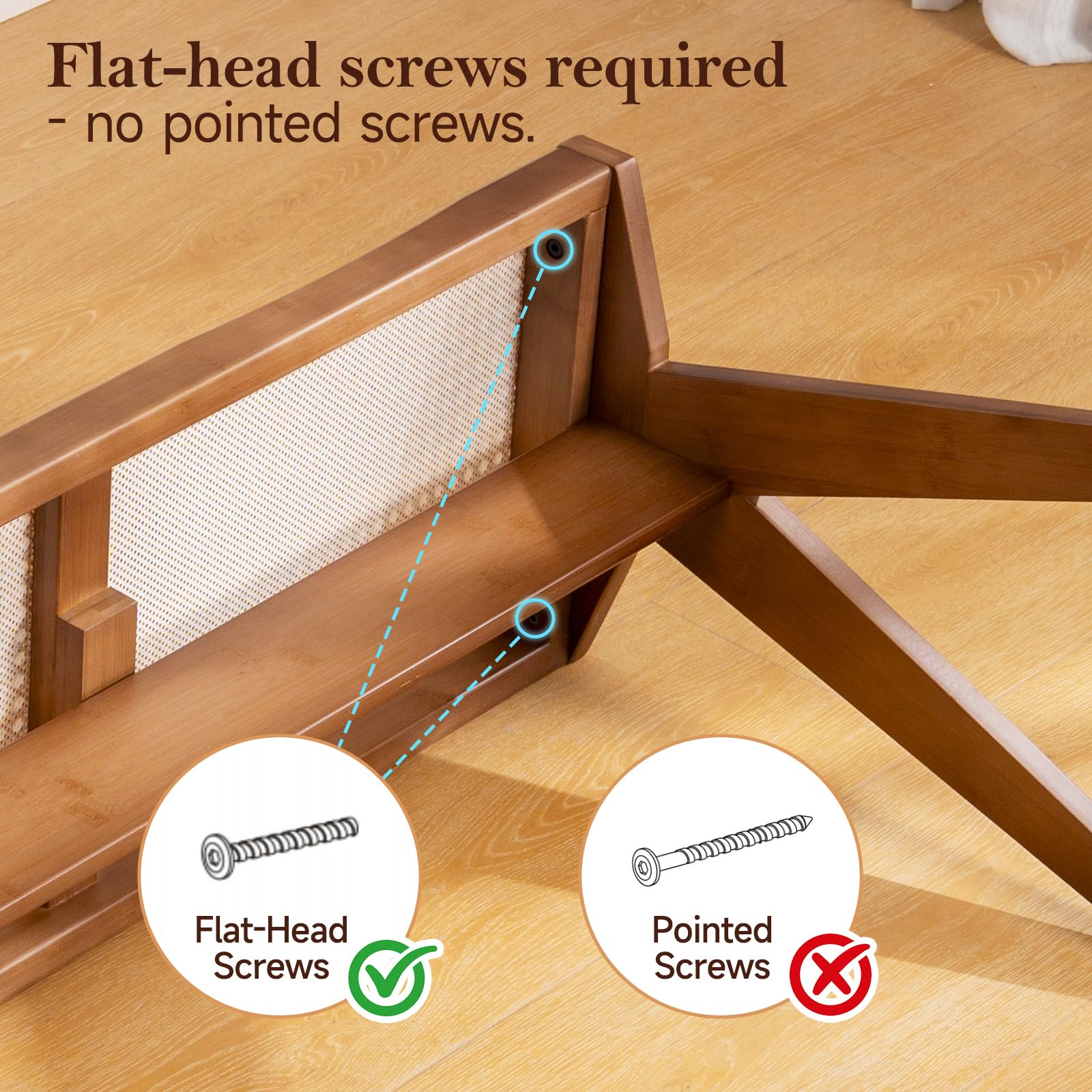 Furlide Wooden Rattan Dining Bench for Entryway, 49”Farmhouse Solid Wood Indoor Bench with Woven Cane Seat, Mid Century Bed End for Bedroom, Hallway, Living Room，Walnut | Woven cane seat and solid wood frame; use as an end-of-bed bench or extra seating in