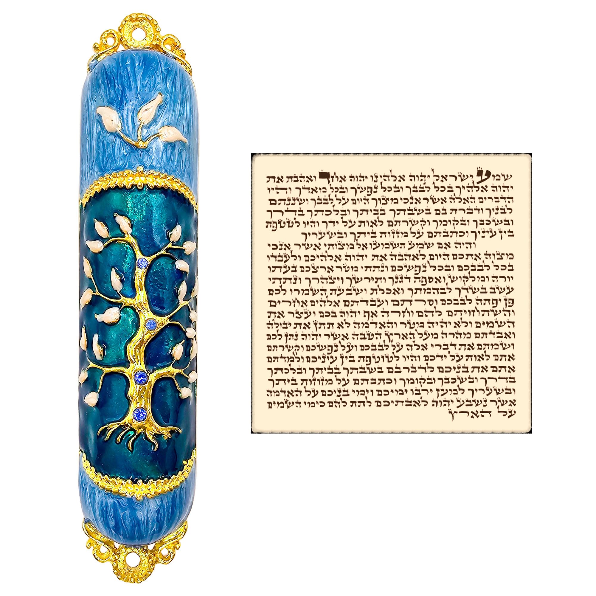 TALISMAN4U Enamel MEZUZAH CASE with Scroll Gold Plated Crystals Hand Painted Tree of Life Design Protection Door Mezuza from Israel Judaica Gift for Home (Blue)